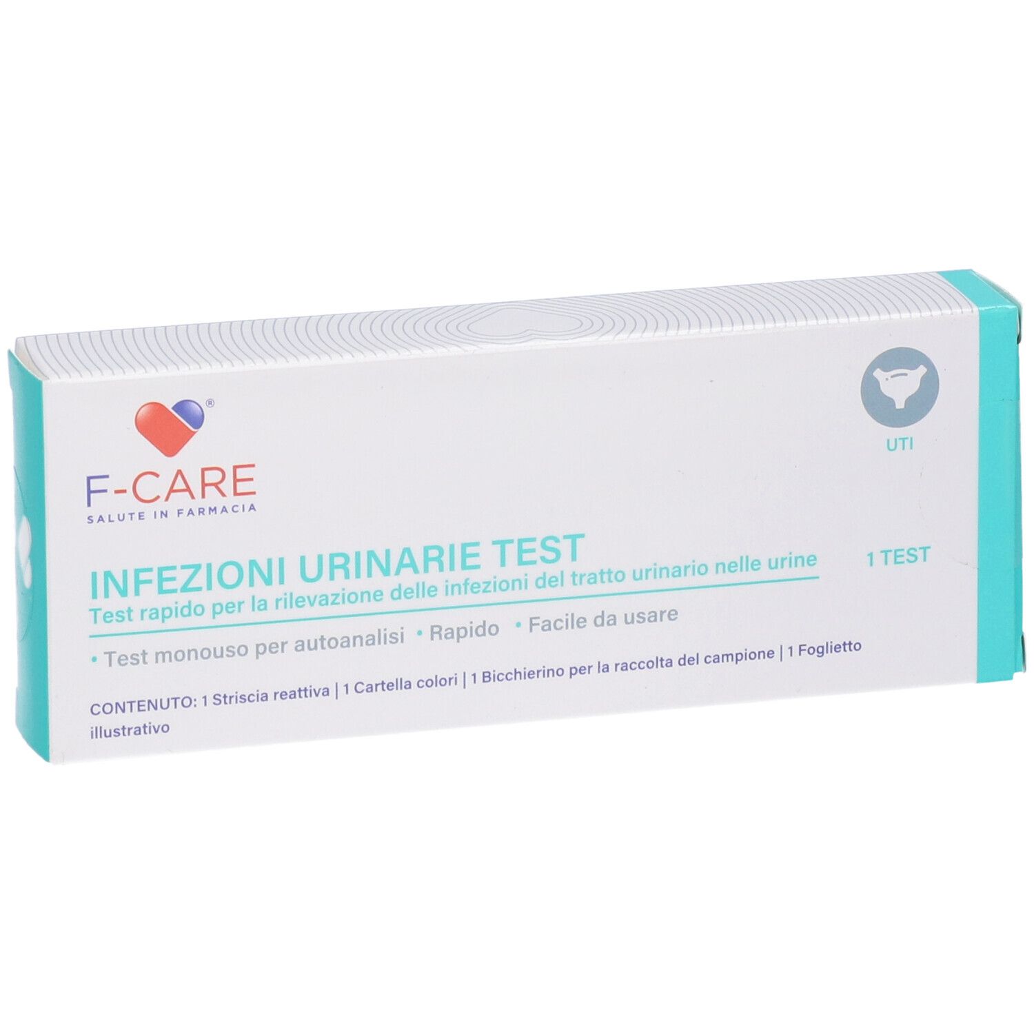 Confezione test F-CARE per infezioni urinarie. Imballaggio bianco e turchese con logo e nome prodotto.