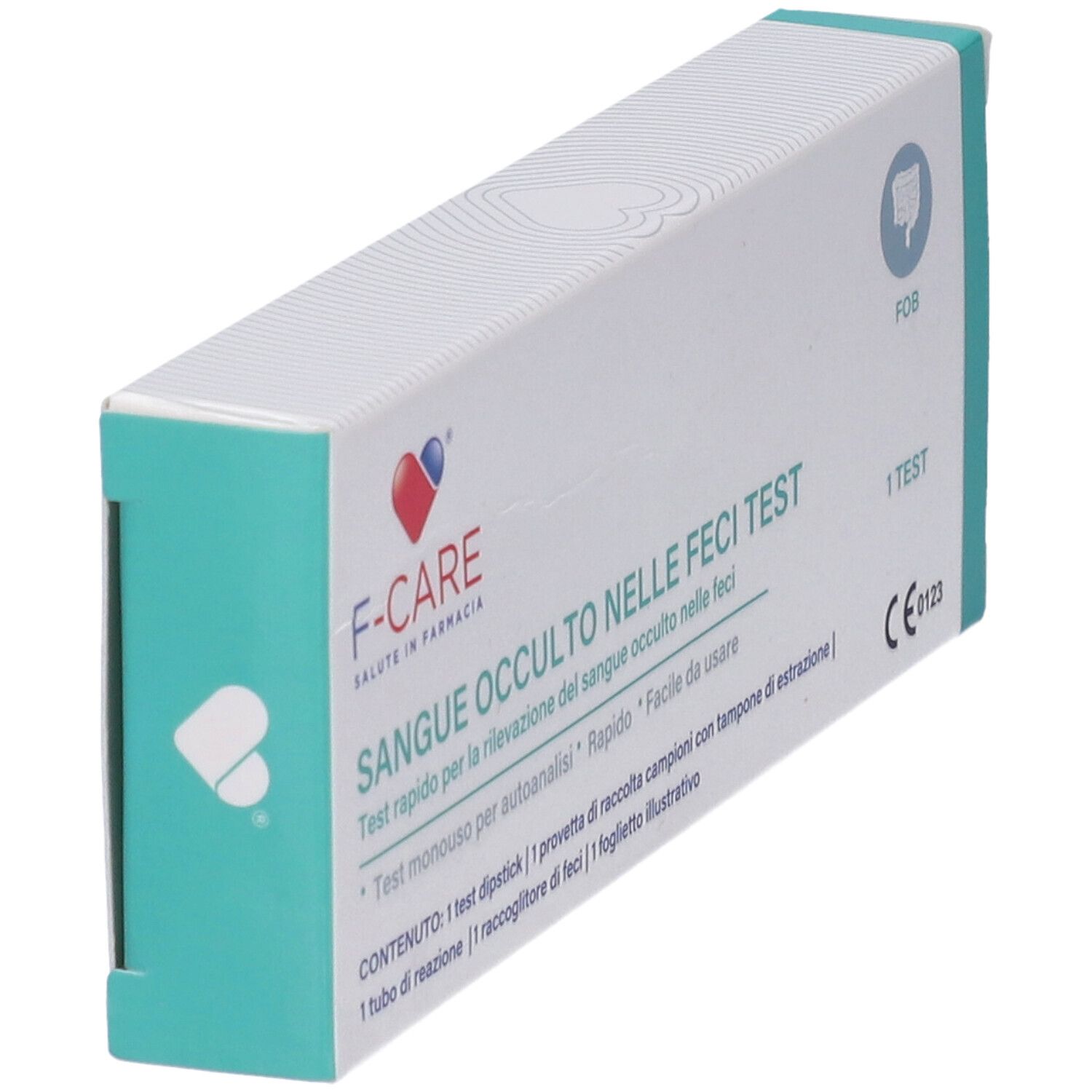 Vista angolata della confezione del test. Marchio F-CARE. Testo: Sangue Occulto nelle Feci Test. Marchio CE.