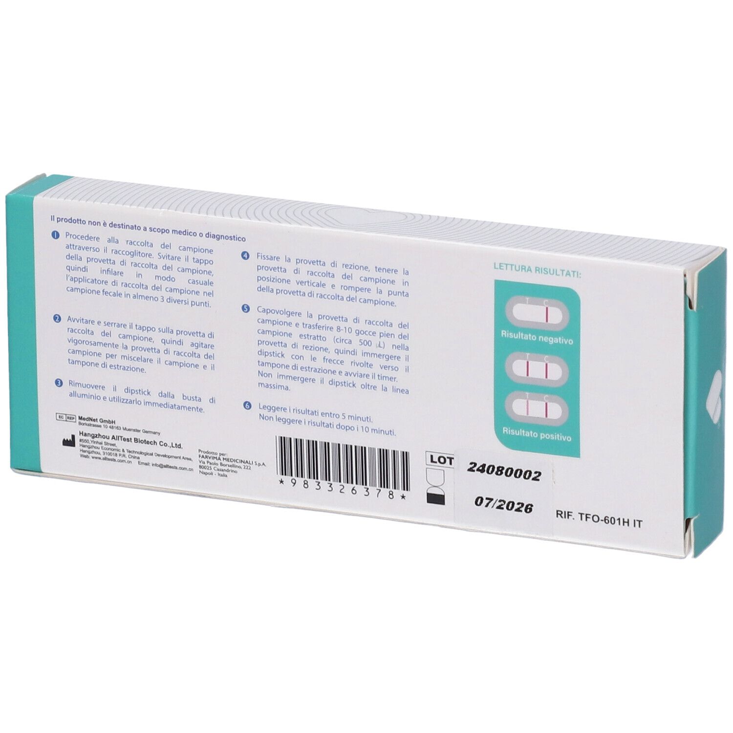 Retro della confezione del test. Istruzioni e tabella dei risultati. Numero di lotto e data di scadenza.