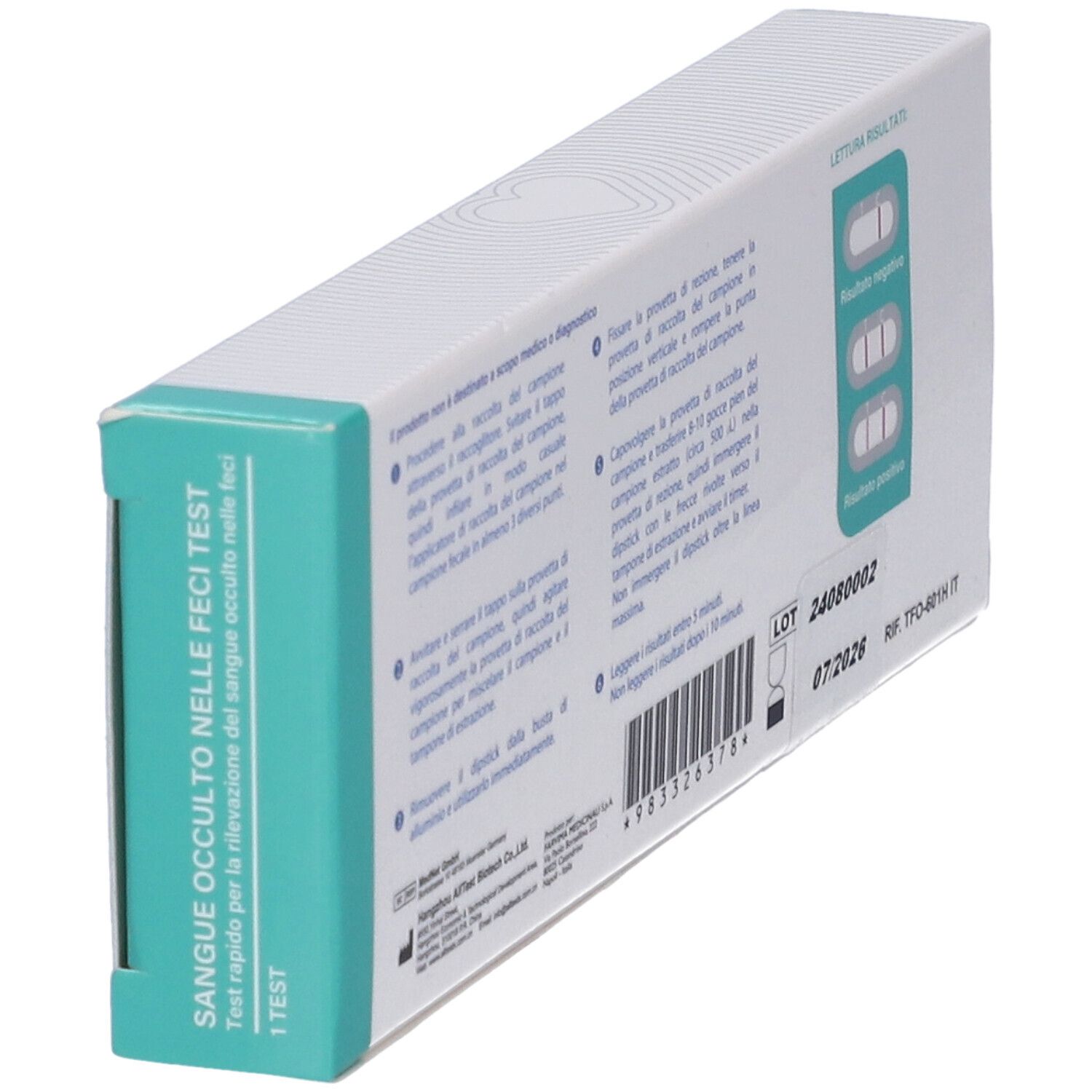 Retro della confezione del test. Testo: Sangue Occulto nelle Feci Test. Numero di lotto e data di scadenza.