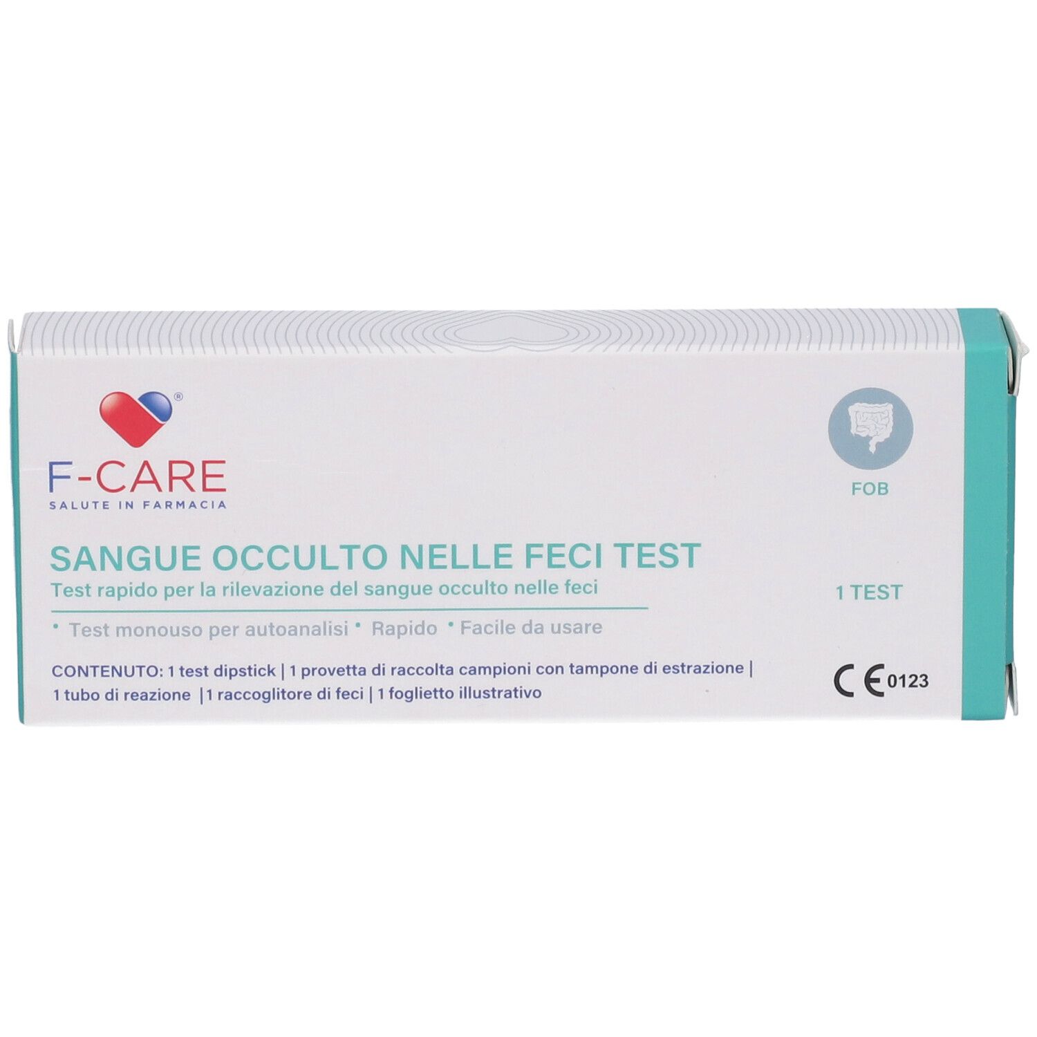 Confezione del test. Marchio F-CARE. Testo: Sangue Occulto nelle Feci Test. Contiene 1 test. Marchio CE.