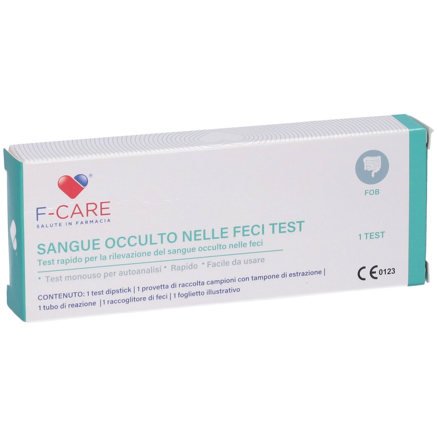 Confezione del test. Marchio F-CARE. Testo: Sangue Occulto nelle Feci Test. Contiene 1 test. Marchio CE.