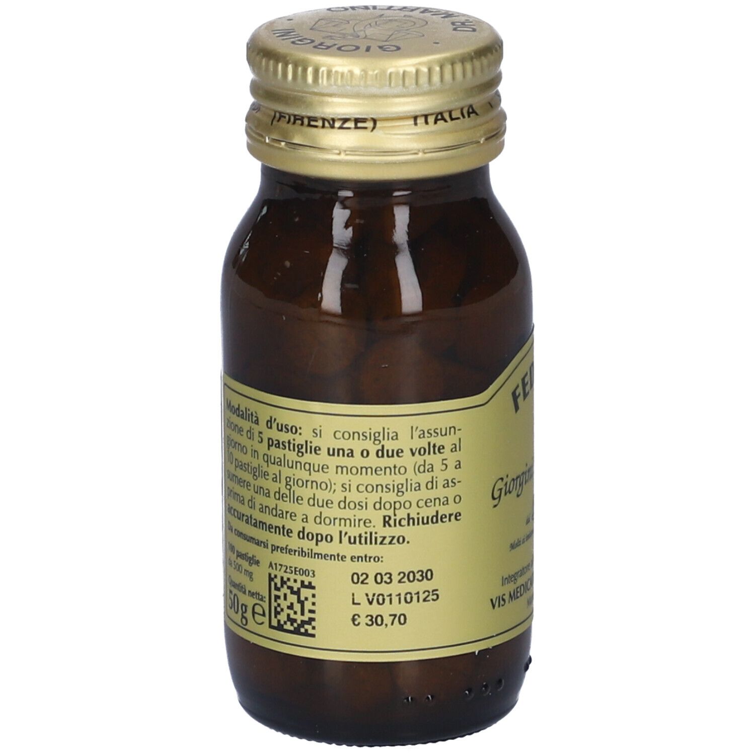 Flacone di vetro marrone con tappo dorato. Etichetta con informazioni sul prodotto e testo. QR code e prezzo.