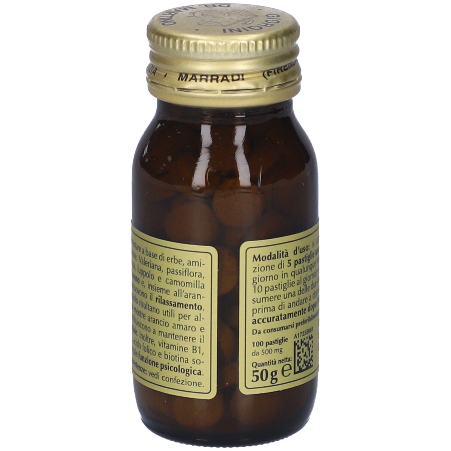 Flacone di vetro marrone con tappo dorato. Etichetta con informazioni sul prodotto e testo. 100 pastiglie.
