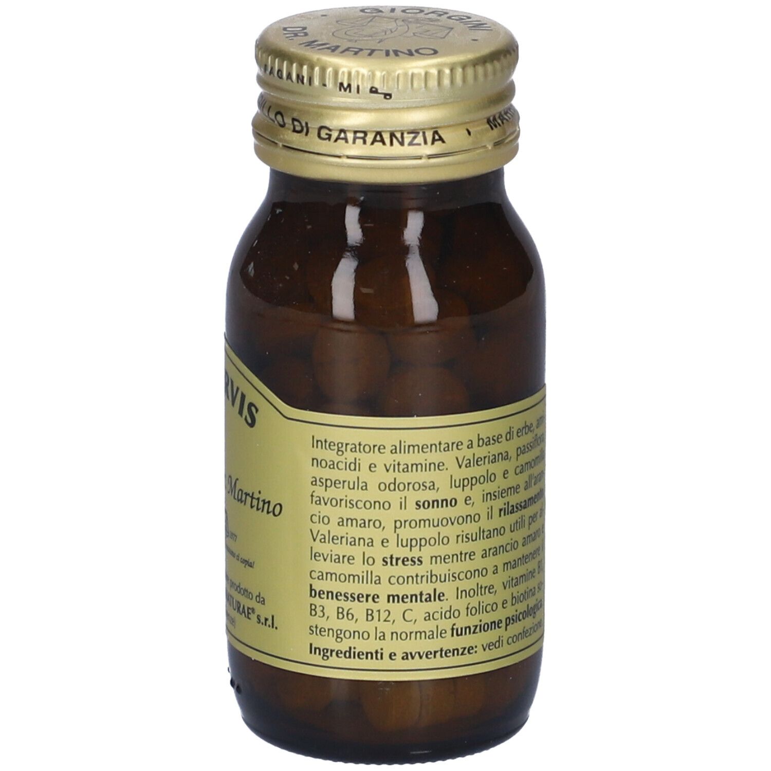 Flacone di vetro marrone con tappo dorato. Etichetta con informazioni sul prodotto e testo. Ingredienti e avvertenze.