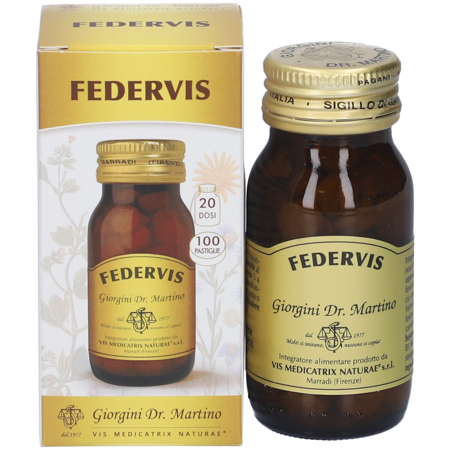 Prodotto e confezione. Flacone di vetro marrone con tappo dorato e scatola. 20 dosi, 100 pastiglie.