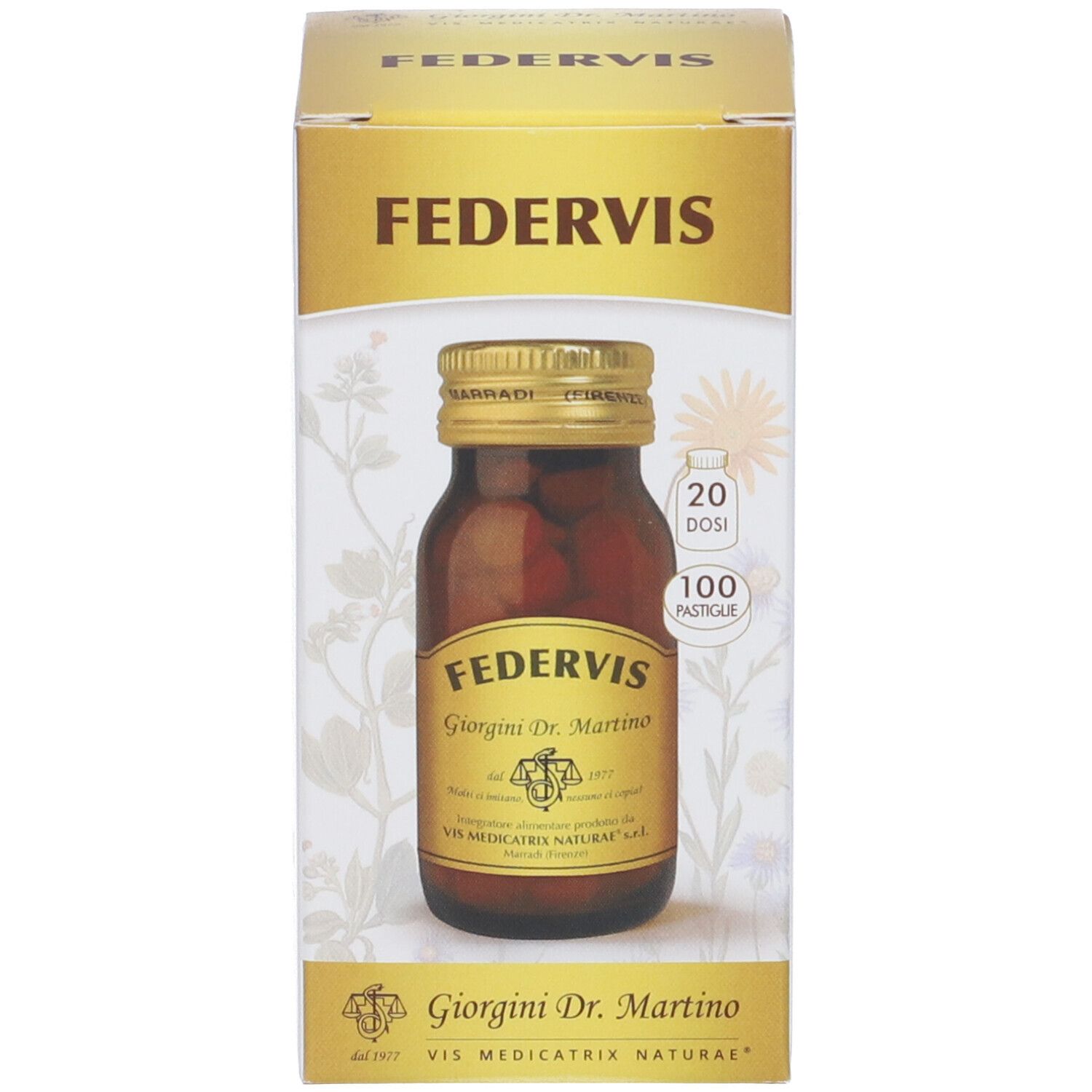 Prodotto e confezione. Scatola con immagine del prodotto. 20 dosi, 100 pastiglie.