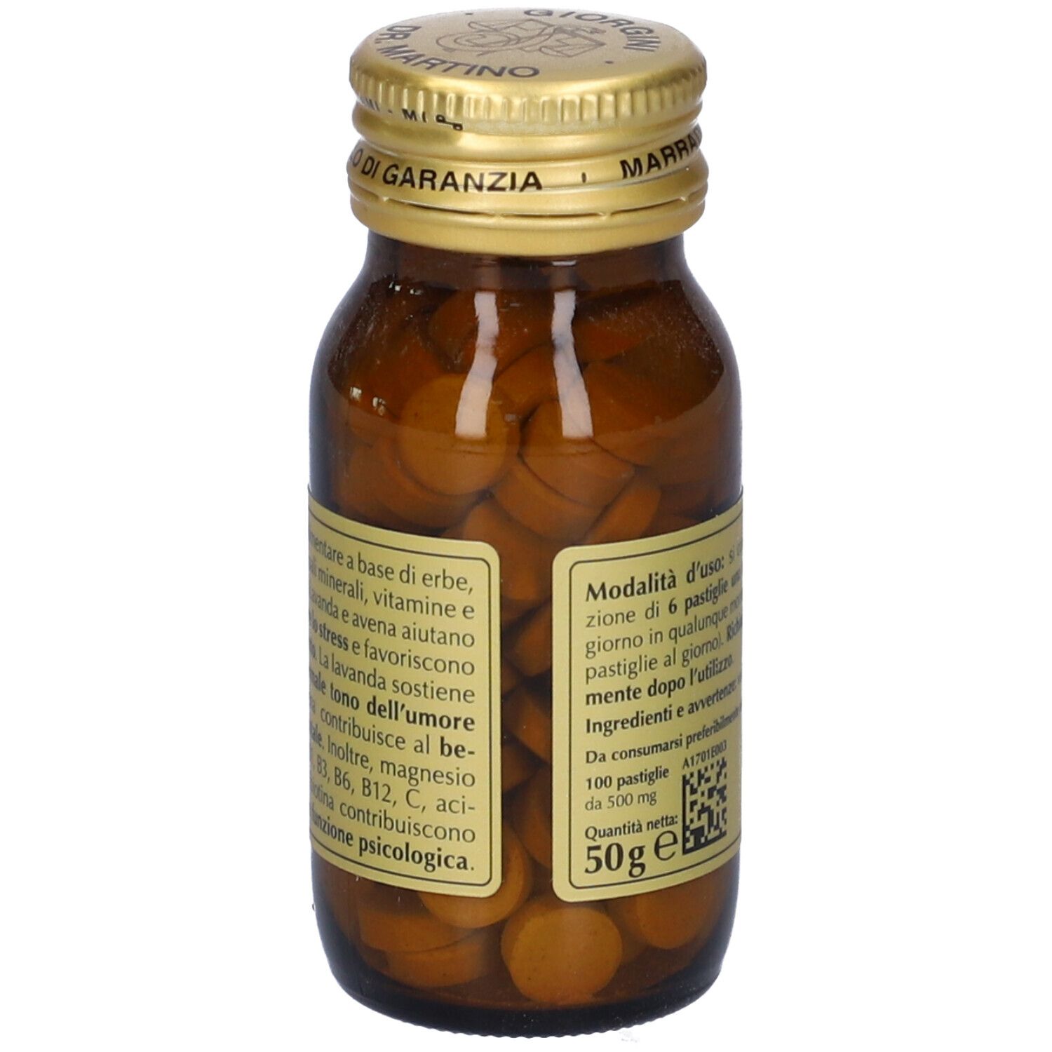 Flacone di vetro marrone con tappo dorato. Etichetta con informazioni su ingredienti e valori nutrizionali.