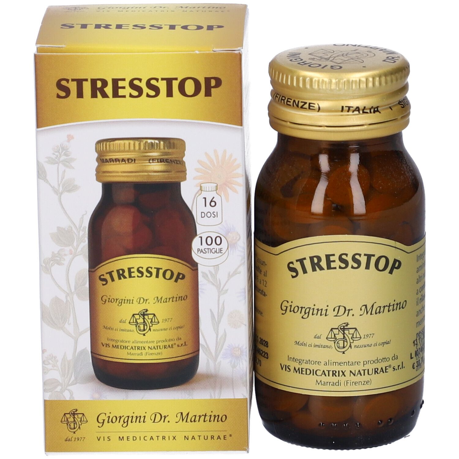 Flacone di vetro marrone con tappo dorato e scatola. Sulla scatola c'è scritto STRESSTOP.