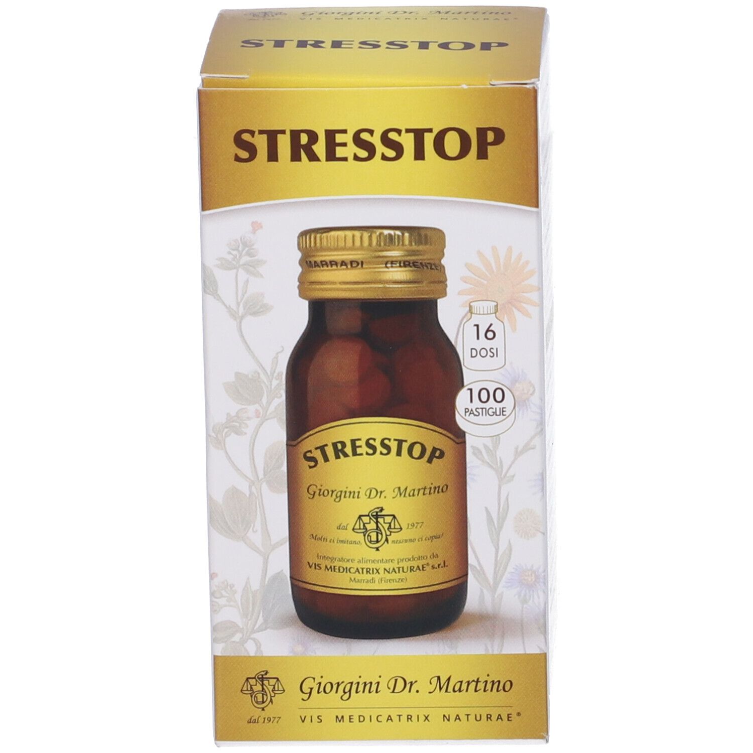 Scatola con nome prodotto STRESSTOP e un flacone di vetro marrone con tappo dorato.