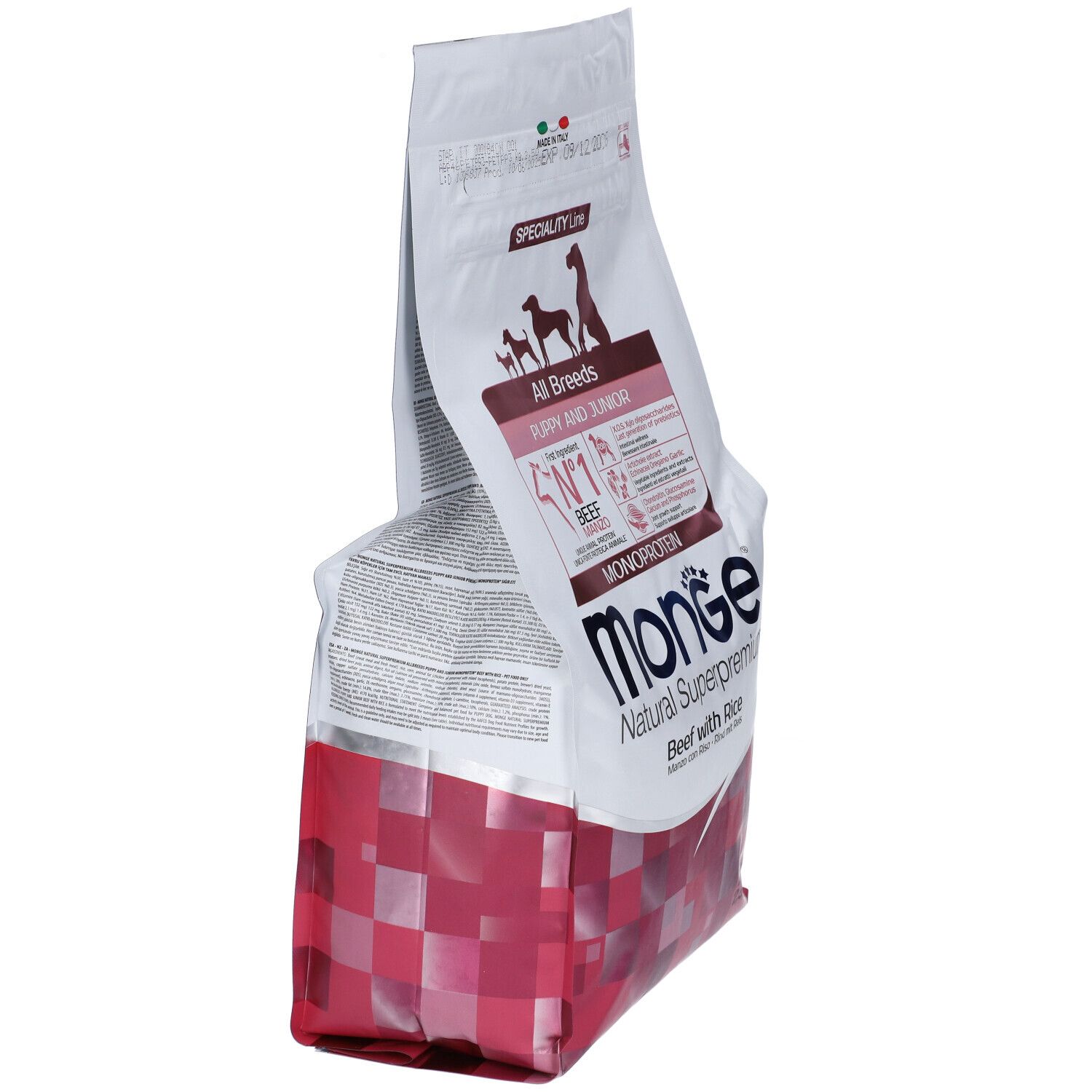Monge All Breeds Puppy & Junior Manzo Con Riso 2,5 Kg. Vista obliqua della confezione bianca e rossa, con informazioni.