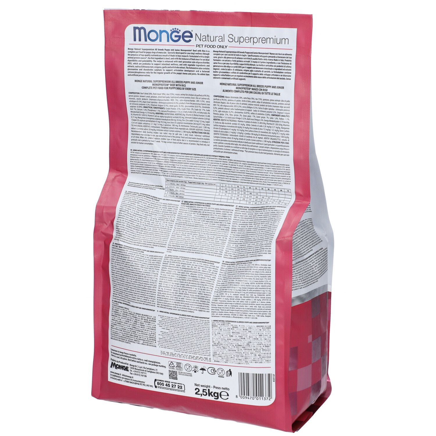 Retro della confezione Monge All Breeds Puppy & Junior Manzo Con Riso 2,5 Kg. Informazioni testuali su sfondo bianco.
