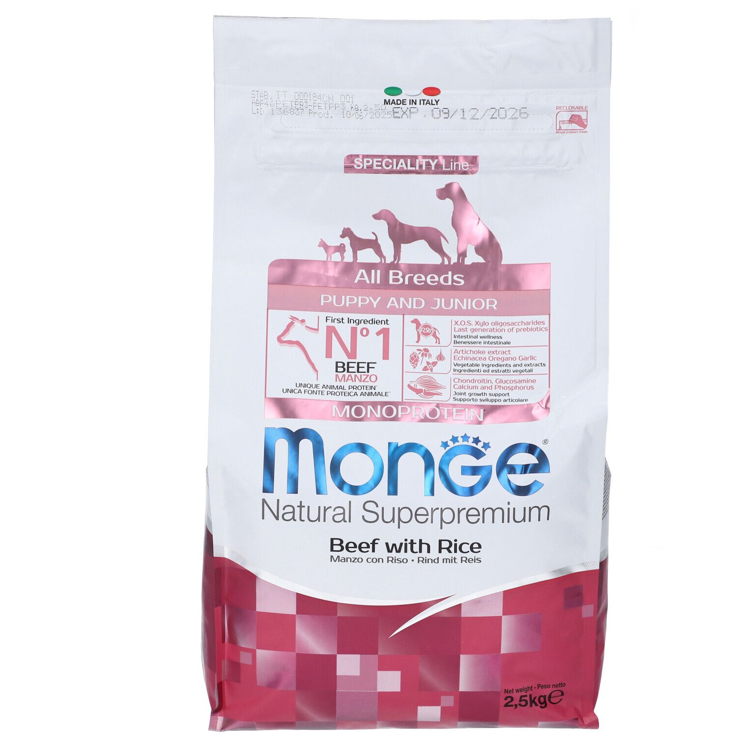 Monge All Breeds Puppy & Junior Manzo Con Riso 2,5 Kg. Vista frontale della confezione con informazioni e immagini di cani.