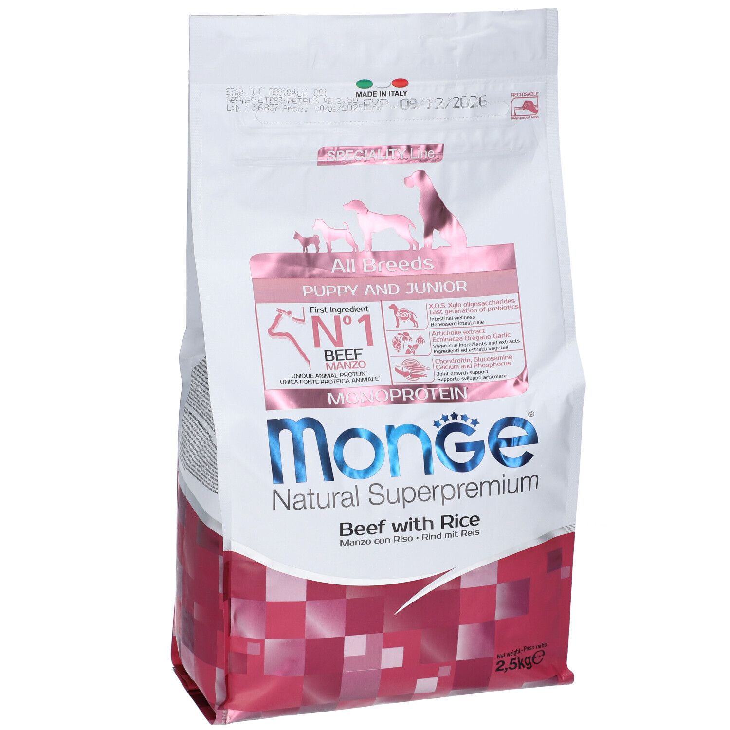 Monge All Breeds Puppy & Junior Manzo Con Riso 2,5 Kg. Vista frontale della confezione con informazioni e immagini di cani.