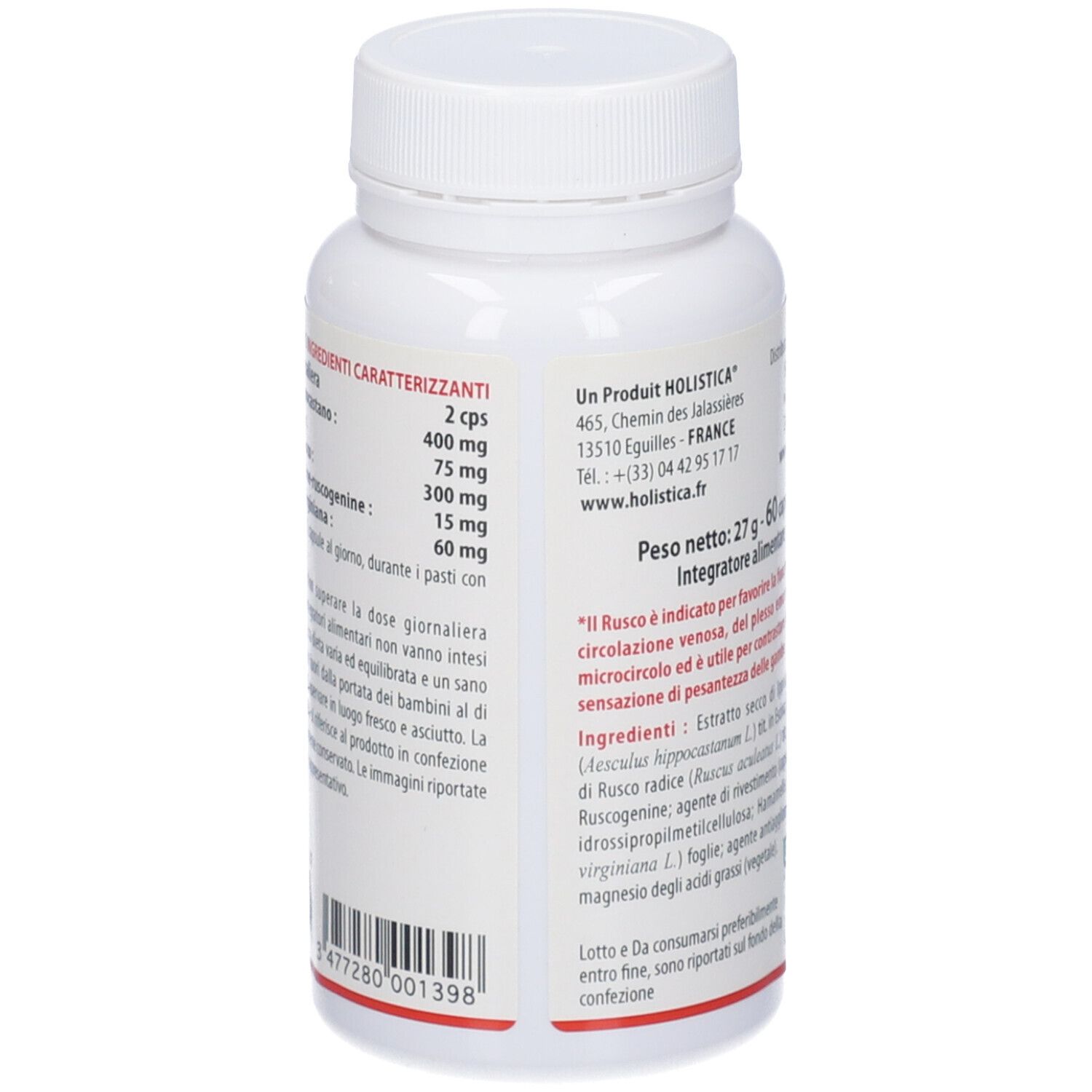 Retro di un flacone bianco di capsule. Testo con ingredienti e dosaggio. Marchio: Holistica. Peso: 27g.