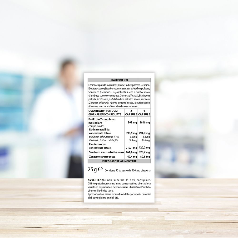 Retro della confezione del prodotto. Contiene informazioni sugli ingredienti e il dosaggio. Testo: Immunomix Advanced, 25g, 50 capsule.