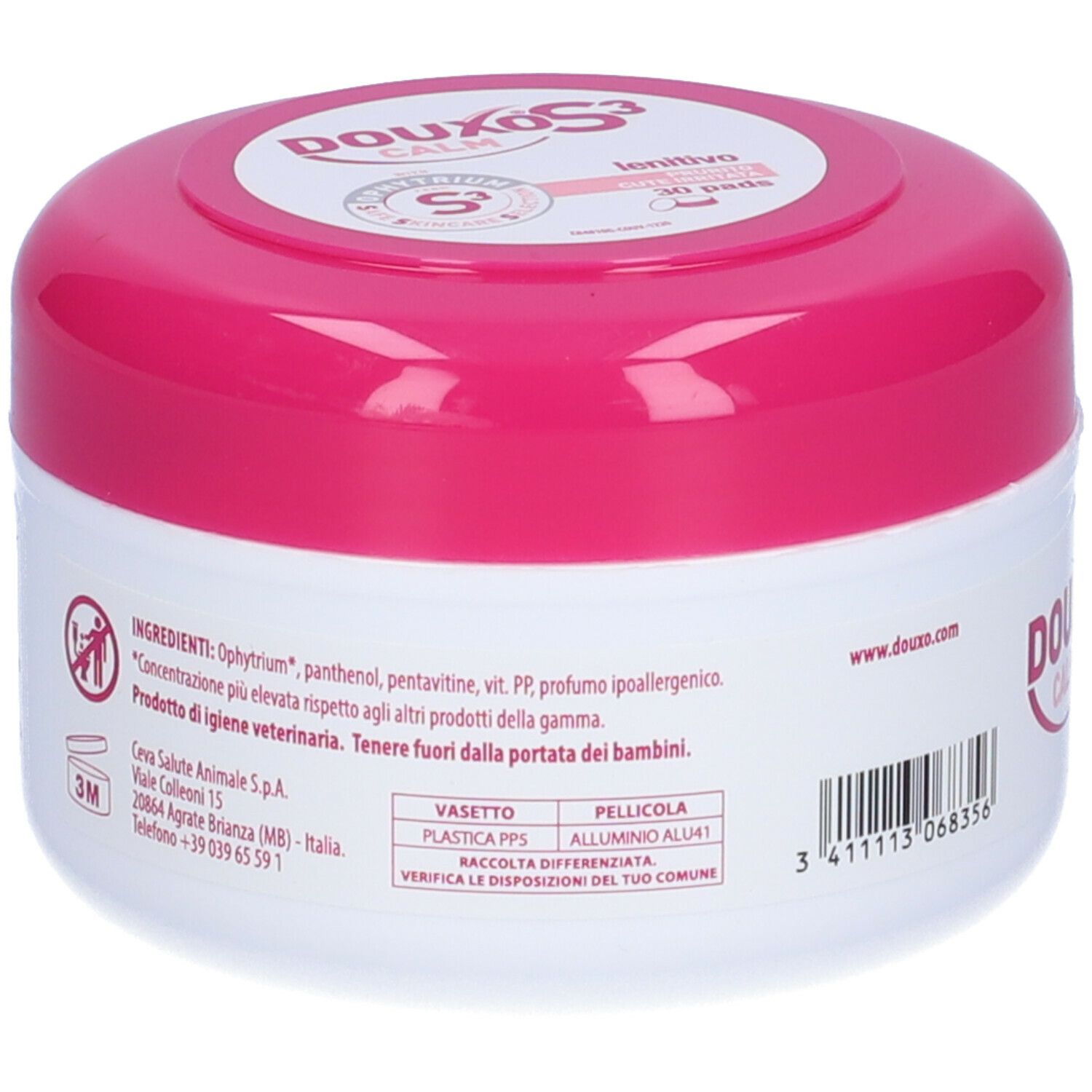 Retro confezione rotonda con ingredienti e informazioni. Scritta DOUXO S3 CALM.