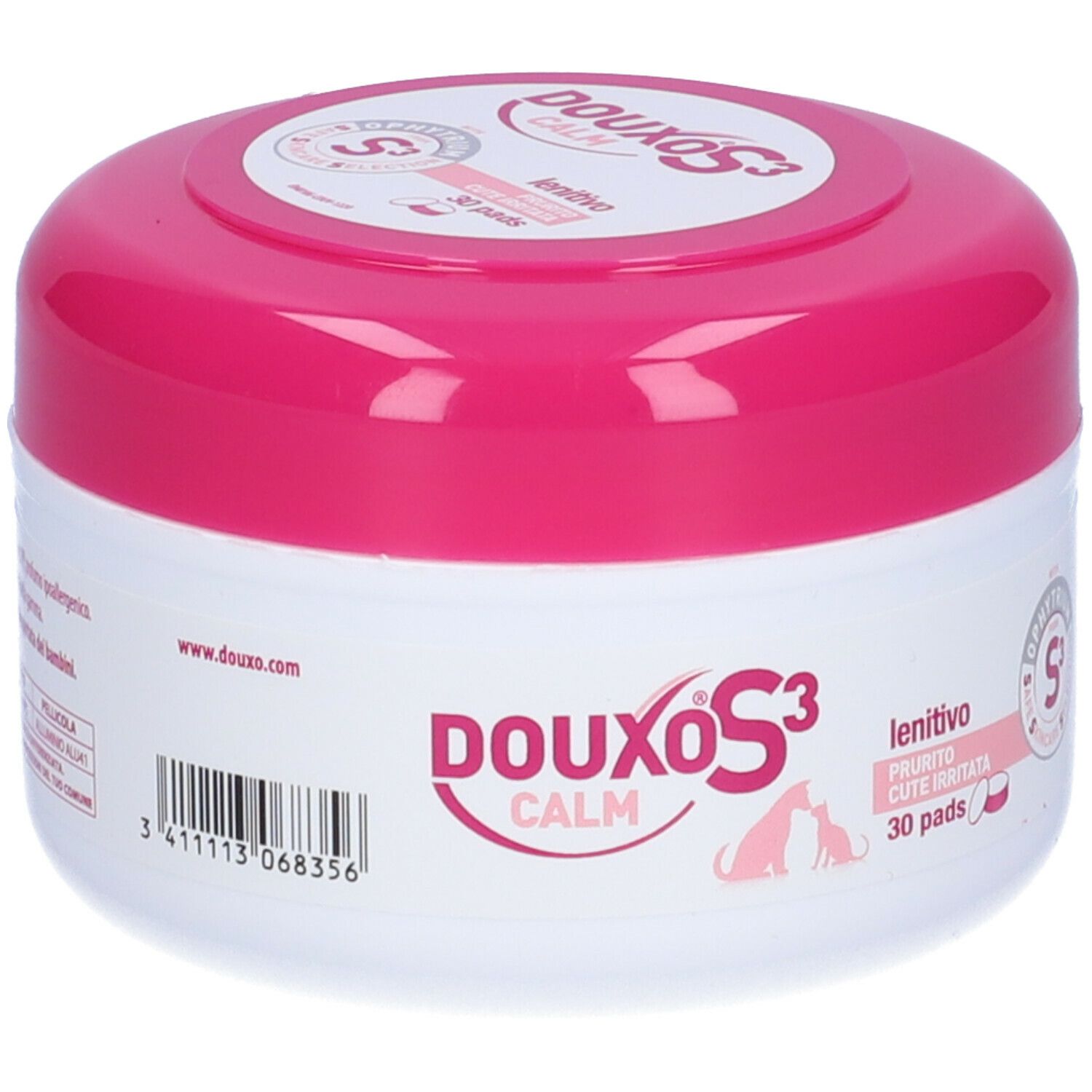 Confezione rotonda bianca e rosa. Scritta DOUXO S3 CALM, 30 pads. Per cani e gatti.