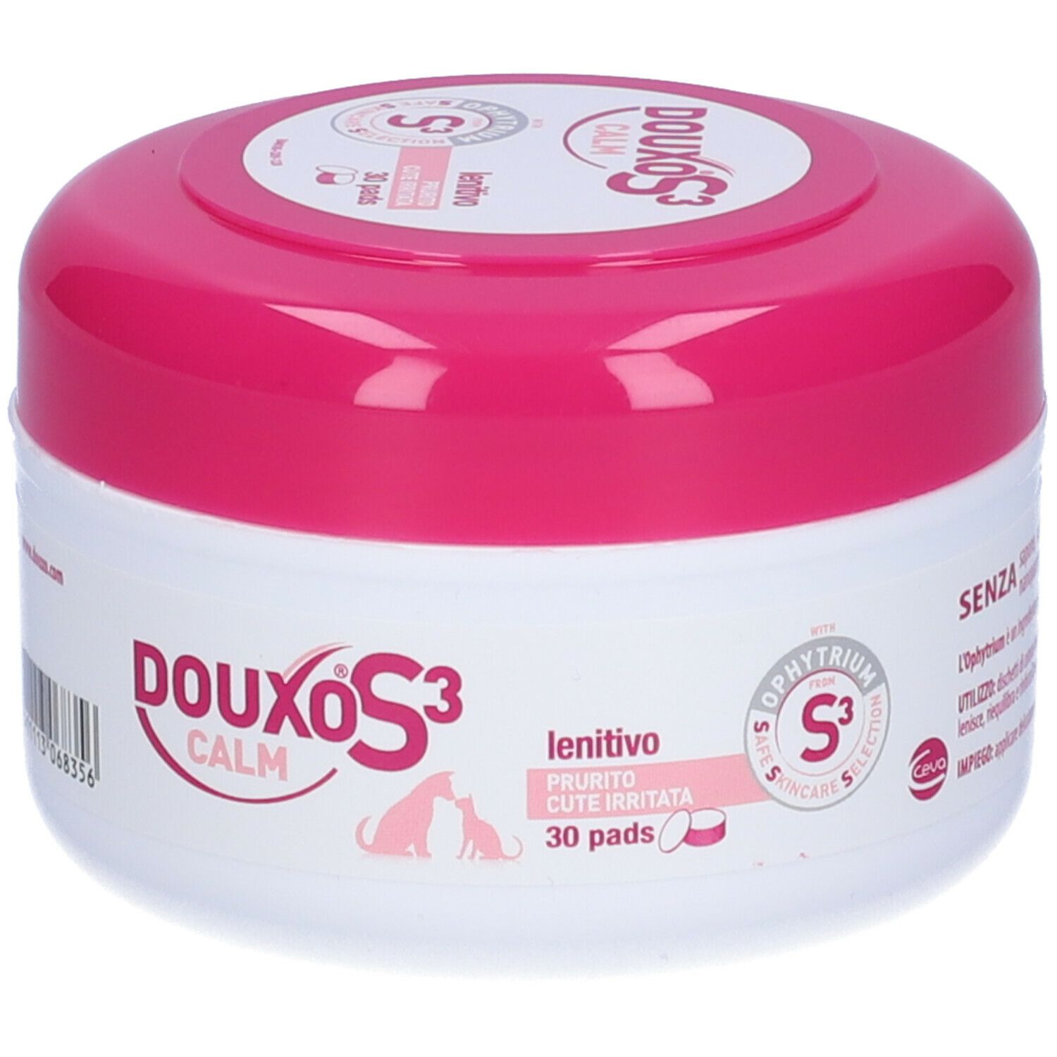 Confezione rotonda bianca e rosa. Scritta DOUXO S3 CALM, 30 pads. Senza alcuni ingredienti.