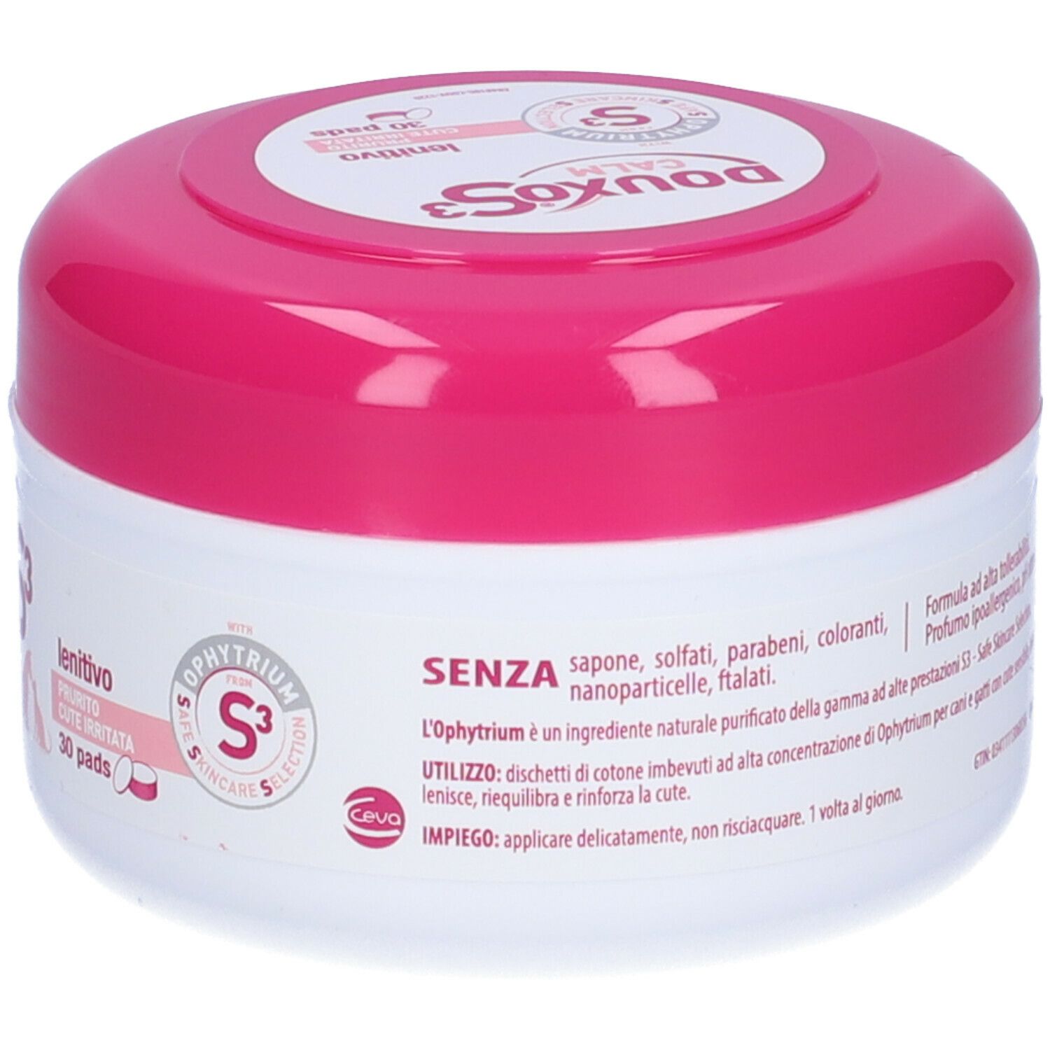 Confezione rotonda con scritta DOUXO S3 CALM. Informazioni sull'uso. Senza alcuni ingredienti.