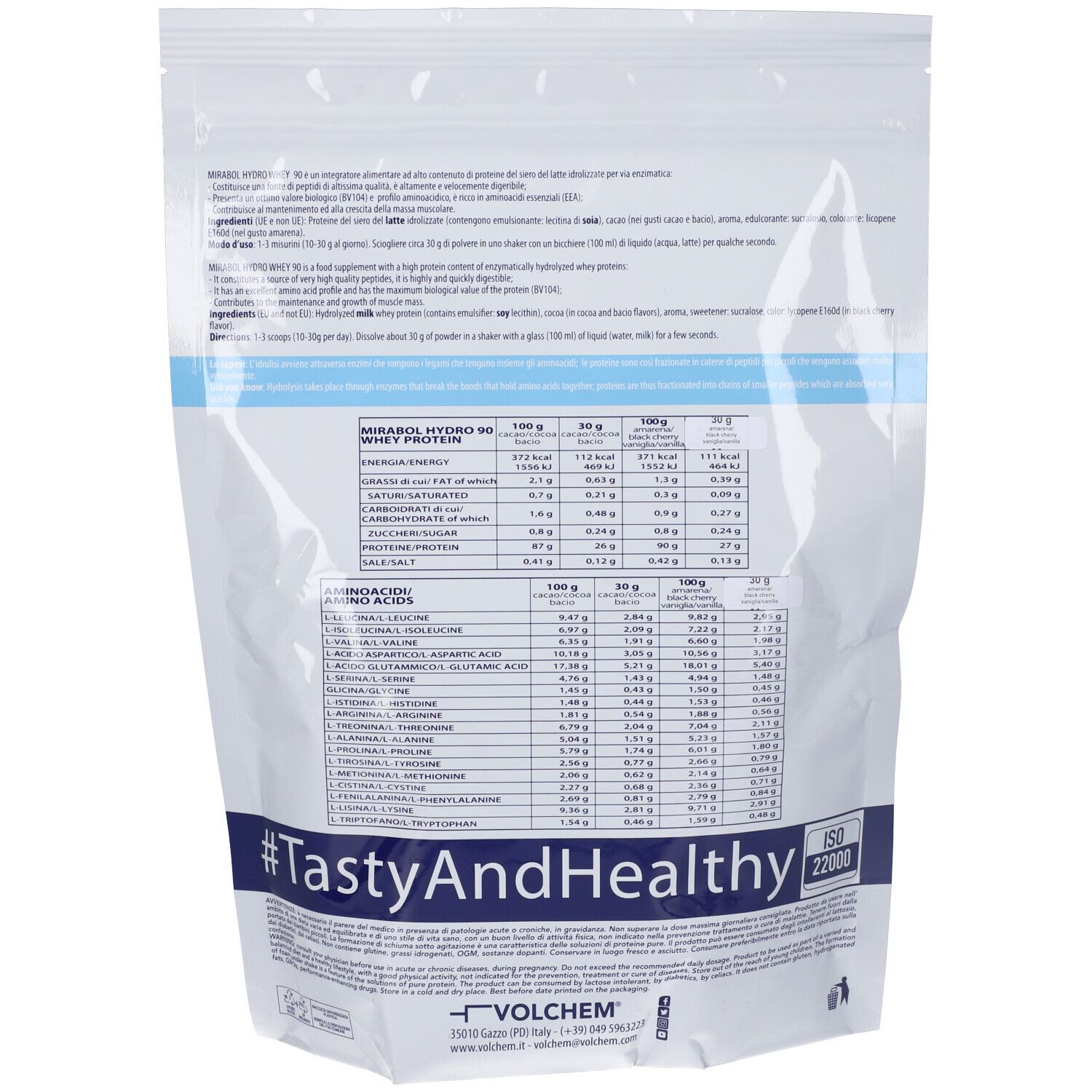 Retro della busta. Contiene informazioni nutrizionali e profilo aminoacidico. Testo: #TastyAndHealthy. ISO 22000.