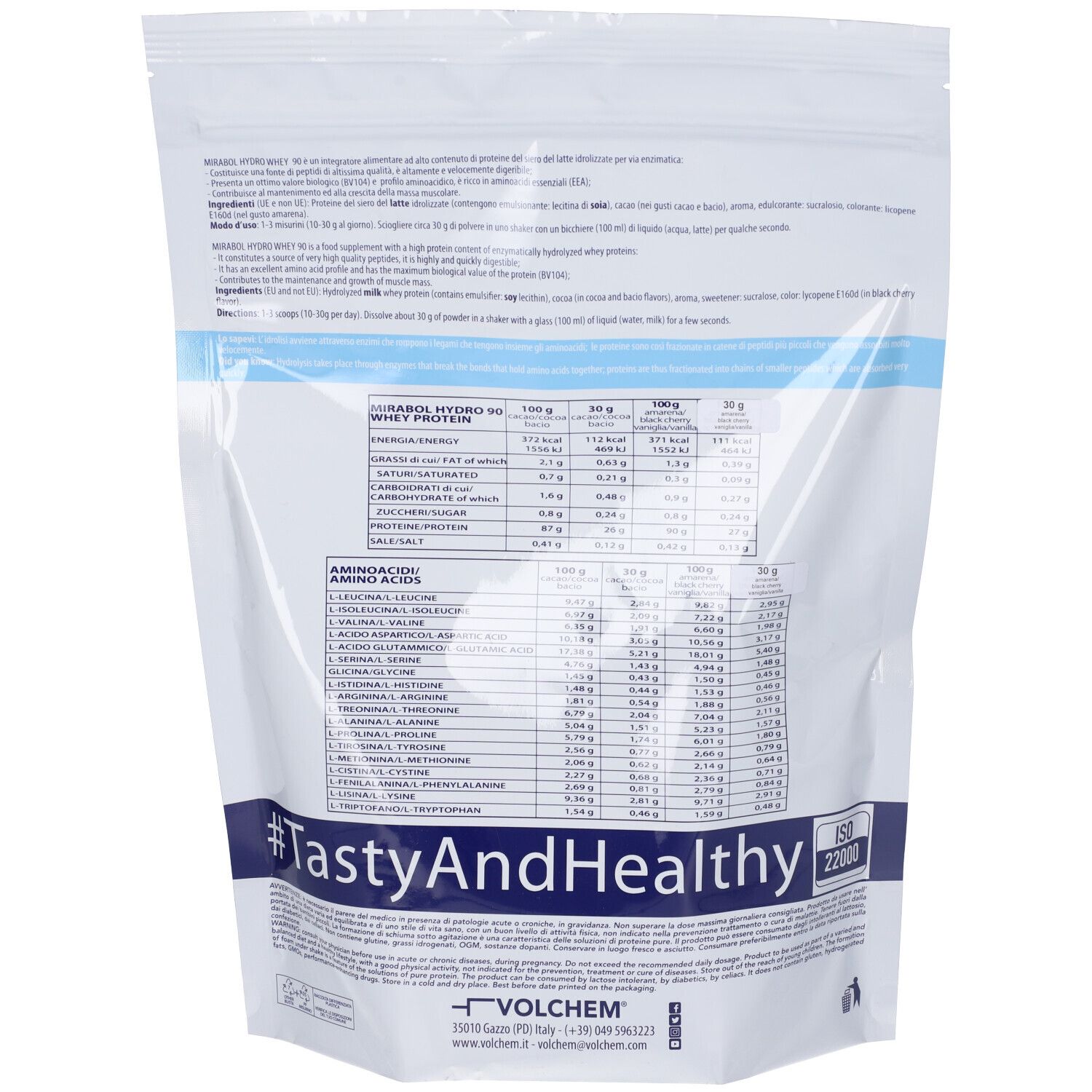 Retro della busta VOLCHEM Mirabol Hydro 90 Whey Protein. Contiene informazioni nutrizionali e testo. Certificazione ISO 22000.