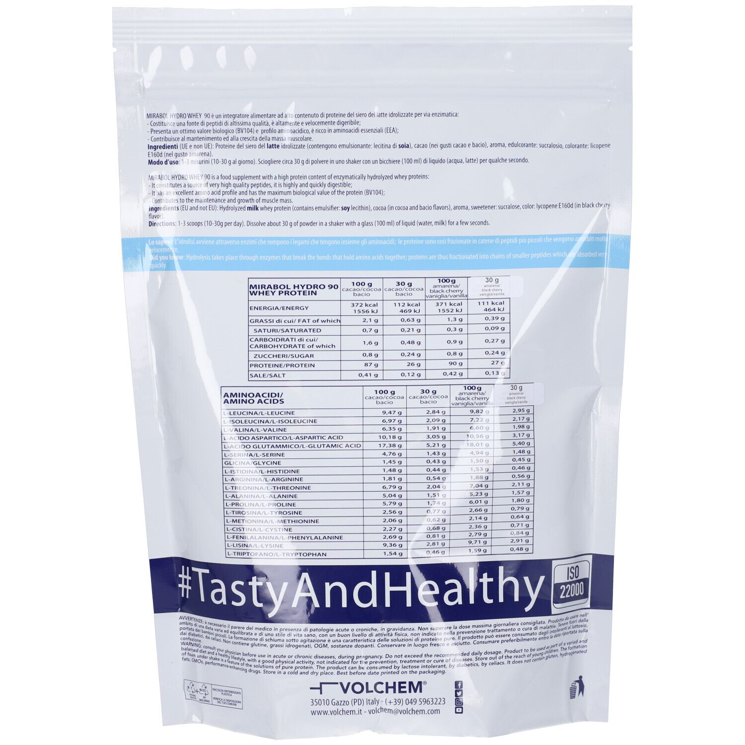 Retro della busta bianca. Contiene informazioni nutrizionali e lista ingredienti. Testo multilingue.