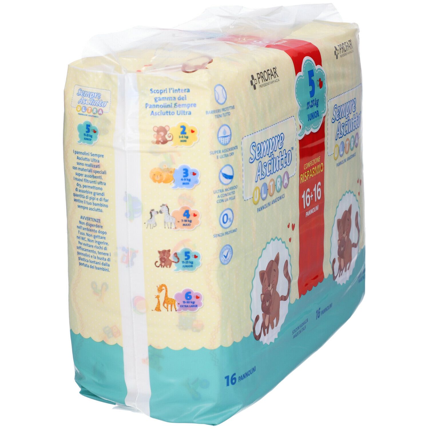 Confezione PROFAR Sempre Asciutto Ultra. Taglia 5, 11-25 kg. 16+16 pannolini. Illustrazioni di animali.