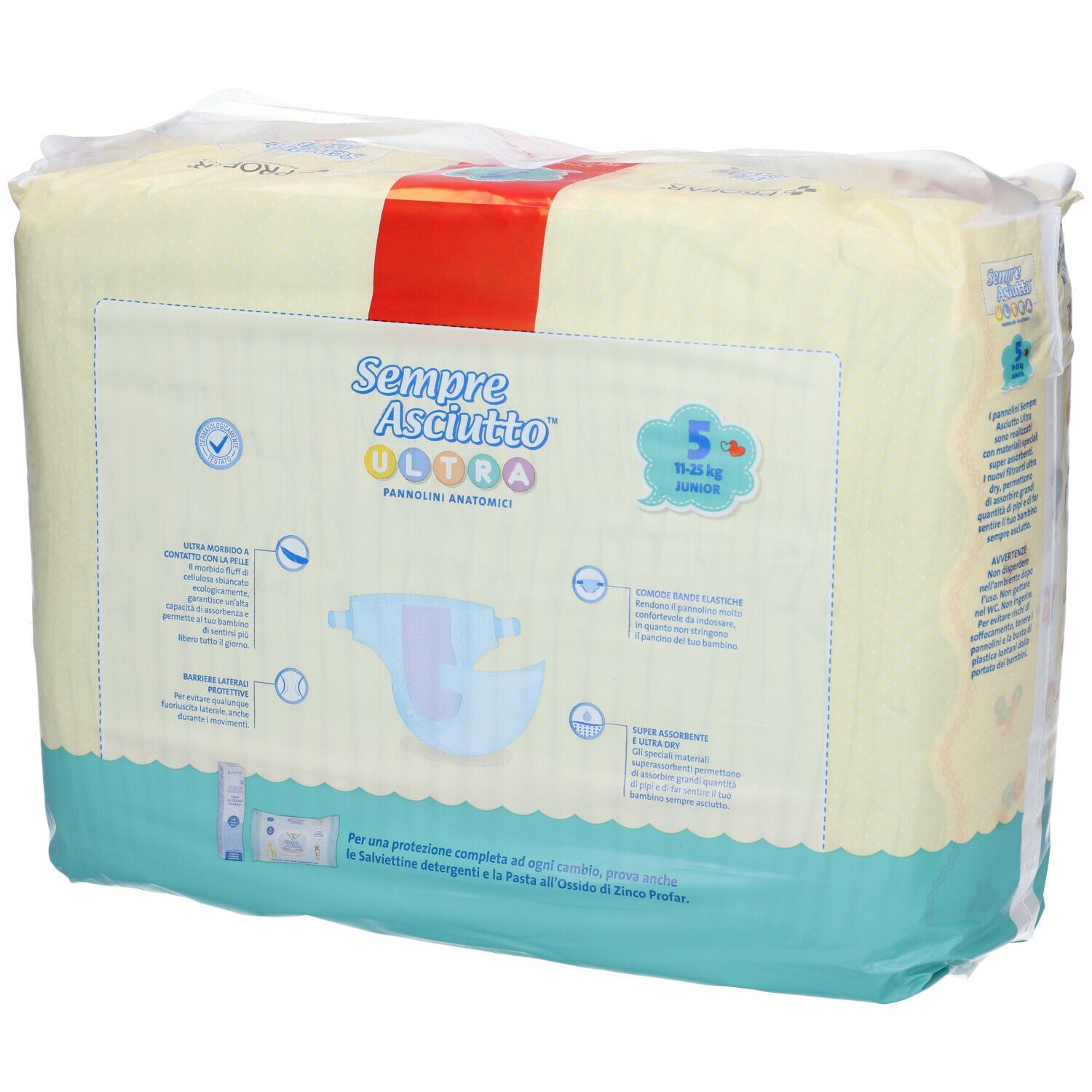 Confezione PROFAR Sempre Asciutto Ultra. Taglia 5, 11-25 kg. Illustrazione pannolino anatomico. Confezione.