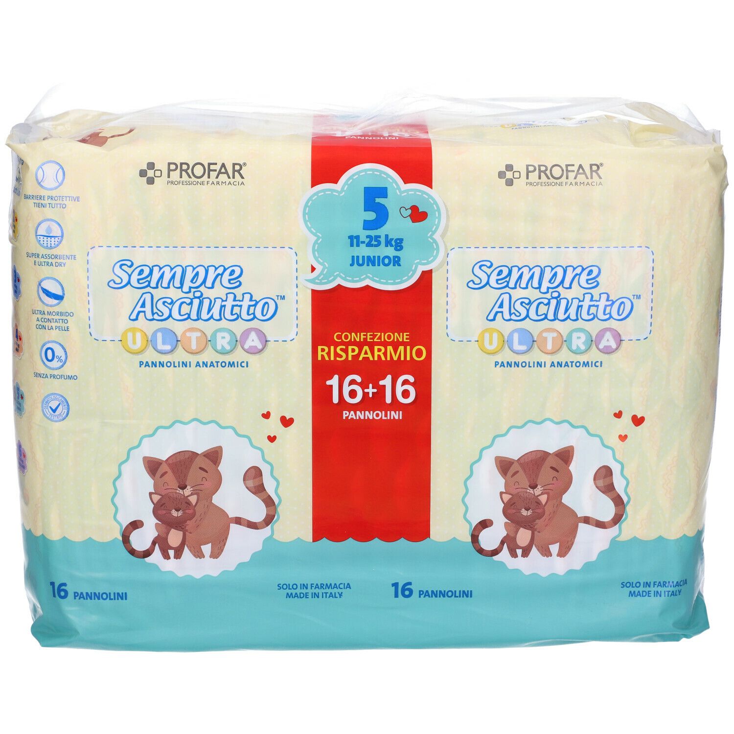 Confezione PROFAR Sempre Asciutto Ultra. 16+16 pannolini. Taglia 5, 11-25 kg. Immagine di un gatto.