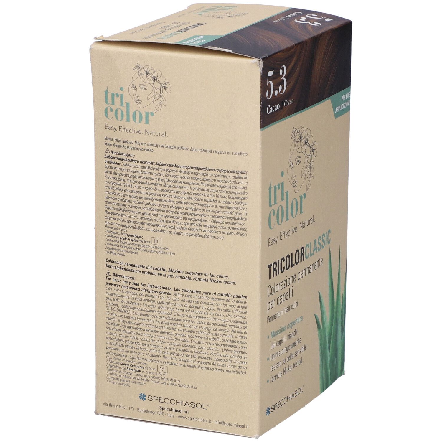 Retro della scatola di colorazione per capelli. Testo in italiano. Logo Specciasol. Informazioni sull'uso e sugli ingredienti.