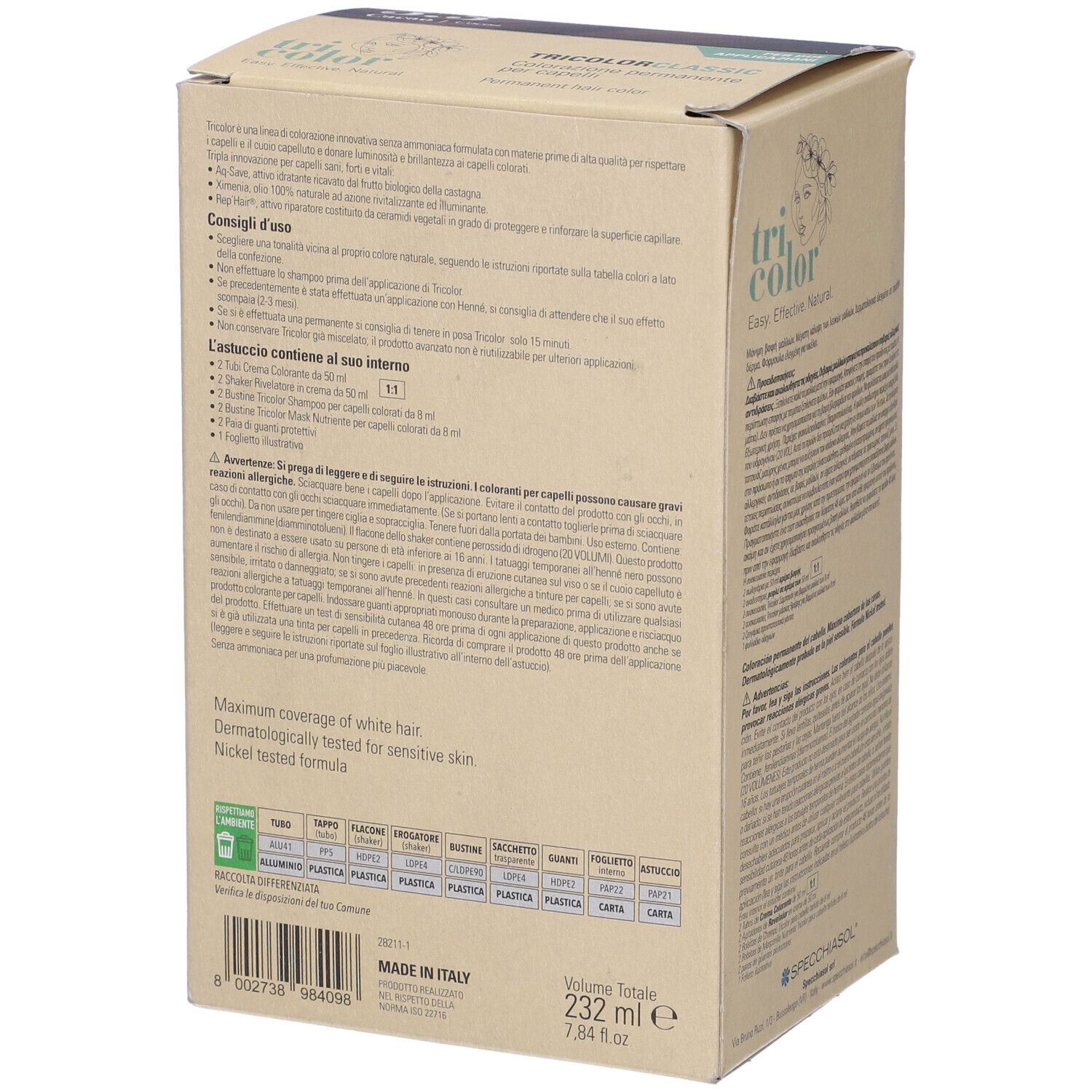 Retro della scatola di colorazione per capelli. Testo in italiano. Informazioni sull'uso e sugli ingredienti. Volume: 232 ml.