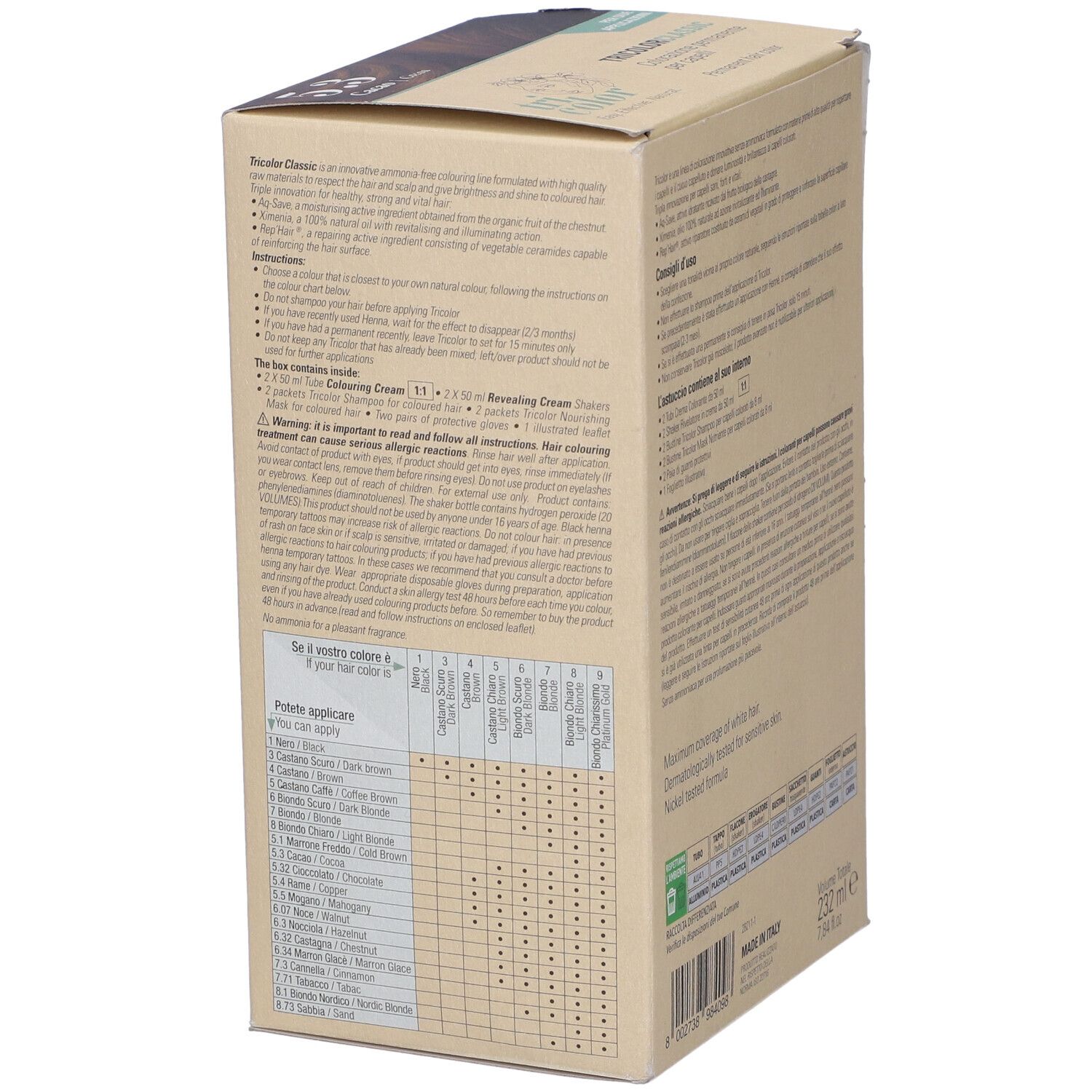 Lato della scatola di colorazione per capelli. Testo in italiano. Informazioni sull'uso e sugli ingredienti. Tabella colori.