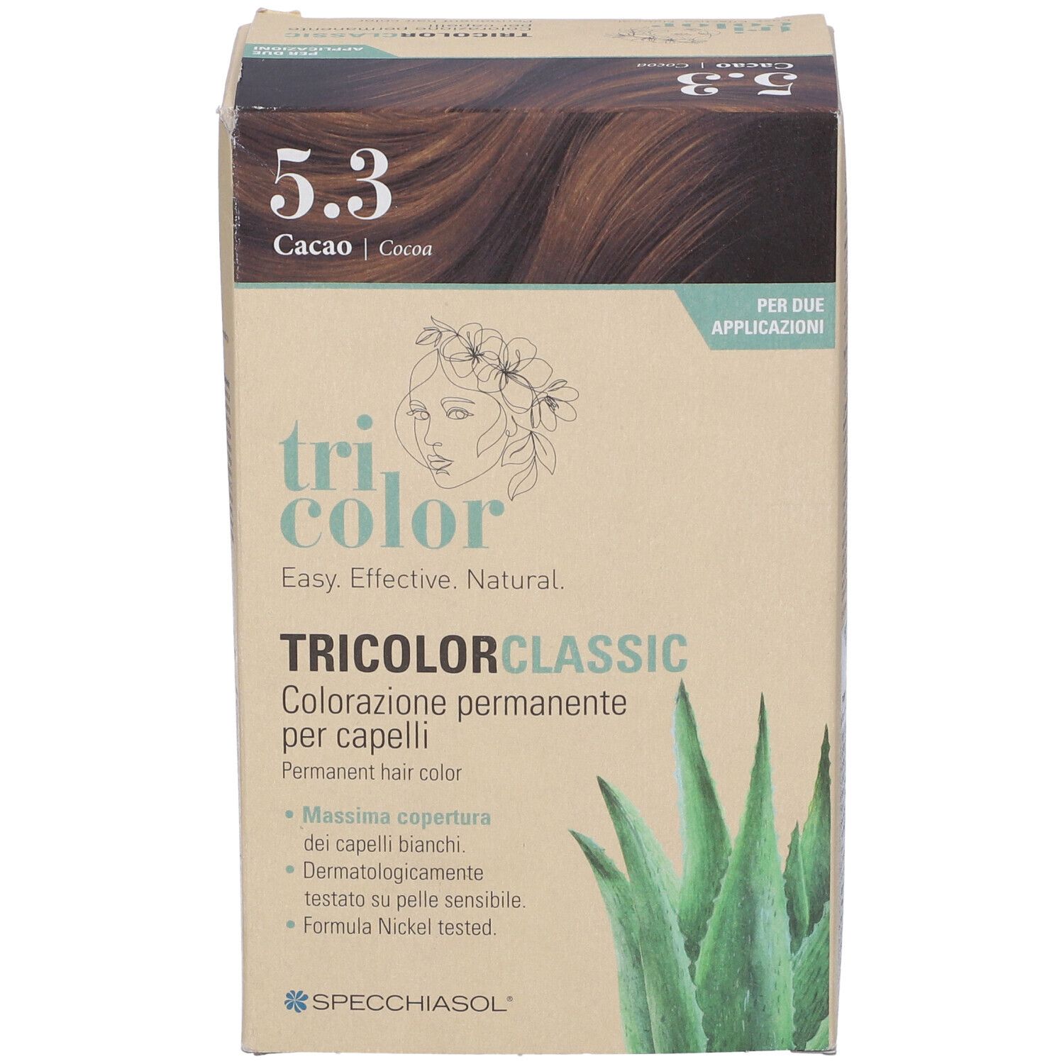 Scatola di colorazione per capelli. Scritta: Tricolor Classic, 5.3 Cacao. Illustrazione di aloe vera. Logo Specciasol. Per due applicazioni.