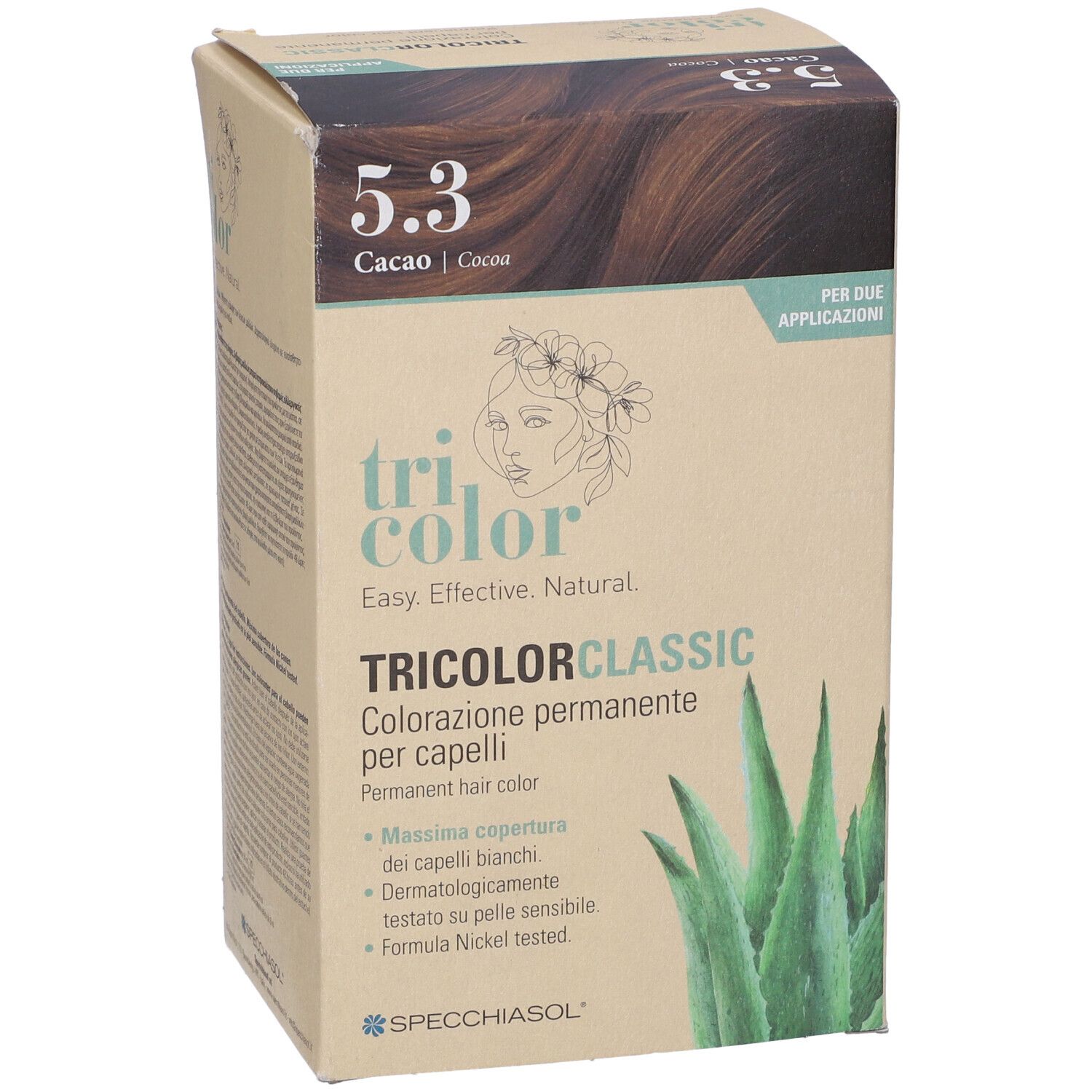 Scatola di colorazione per capelli. Scritta: Tricolor Classic, 5.3 Cacao. Illustrazione di aloe vera. Logo Specciasol. Per due applicazioni.