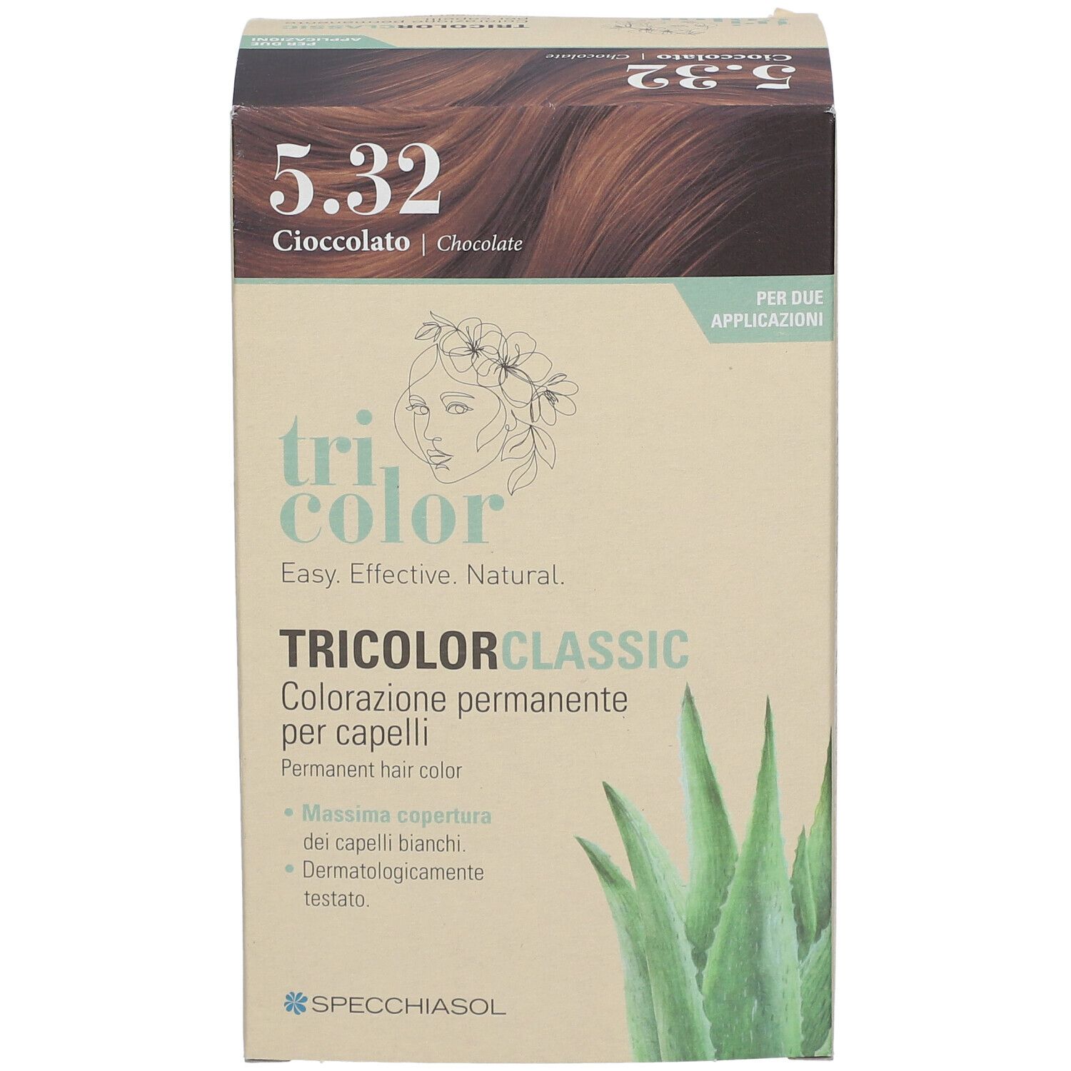 Confezione Tricolor Classic, colorazione permanente per capelli. Tonalità 5.32 Cioccolato. Illustrazione aloe vera. Marchio Specchiasol.