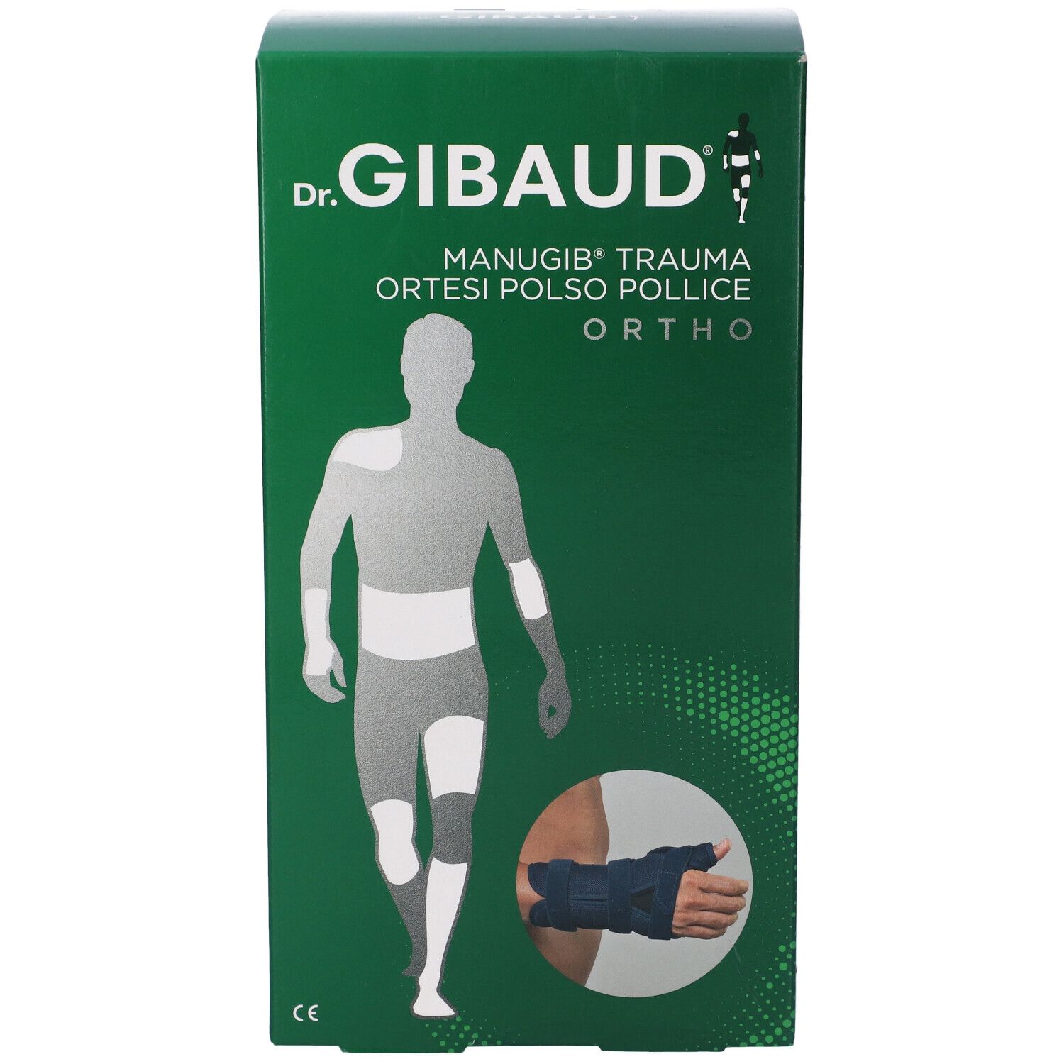 Dr. Gibaud Manugib Trauma Ortesi: fronte della confezione con rappresentazione schematica del corpo umano.