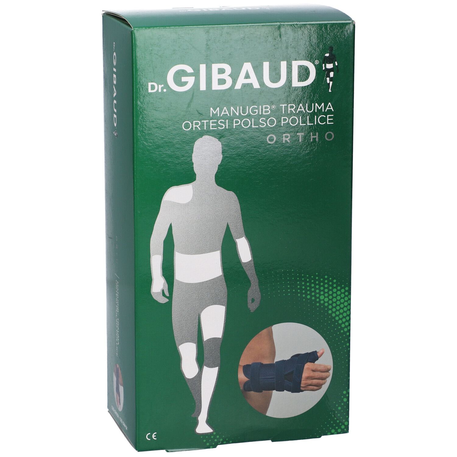 Dr. Gibaud Manugib Trauma Ortesi: confezione con primo piano del tutore polso-pollice.
