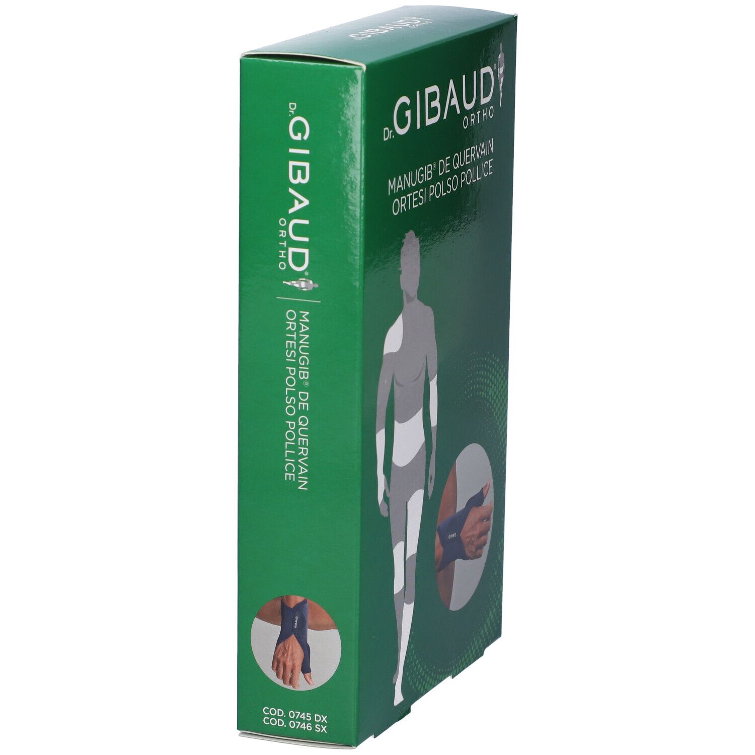 Vista laterale della confezione verde. Testo: Dr. Gibaud Ortho, Manugib De Quervain Ortesi Polso Pollice. Immagine del prodotto e codici.