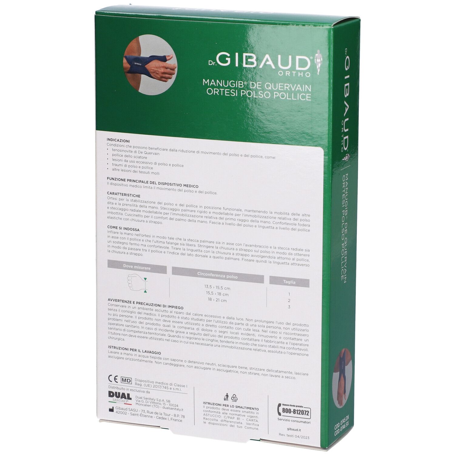 Retro della confezione verde. Testo: Dr. Gibaud Ortho. Informazioni sull'ortesi, tabella taglie e certificazioni.