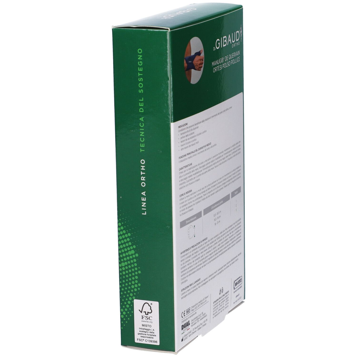 Vista laterale della confezione verde. Testo: Dr. Gibaud Ortho, Linea Ortho. Logo FSC e informazioni sul prodotto.