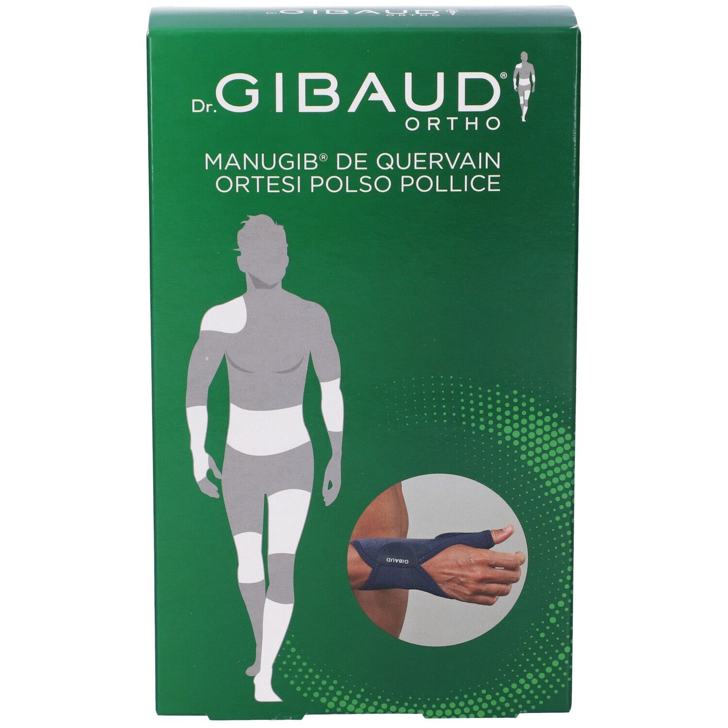 Confezione verde con immagine del prodotto. Testo: Dr. Gibaud Ortho, Manugib De Quervain Ortesi Polso Pollice. Illustrazione di un'ortesi per la mano.