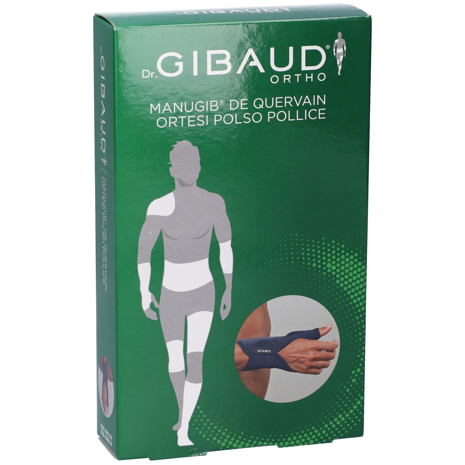 Confezione verde con immagine del prodotto. Testo: Dr. Gibaud Ortho, Manugib De Quervain Ortesi Polso Pollice. Illustrazione di un'ortesi per la mano.
