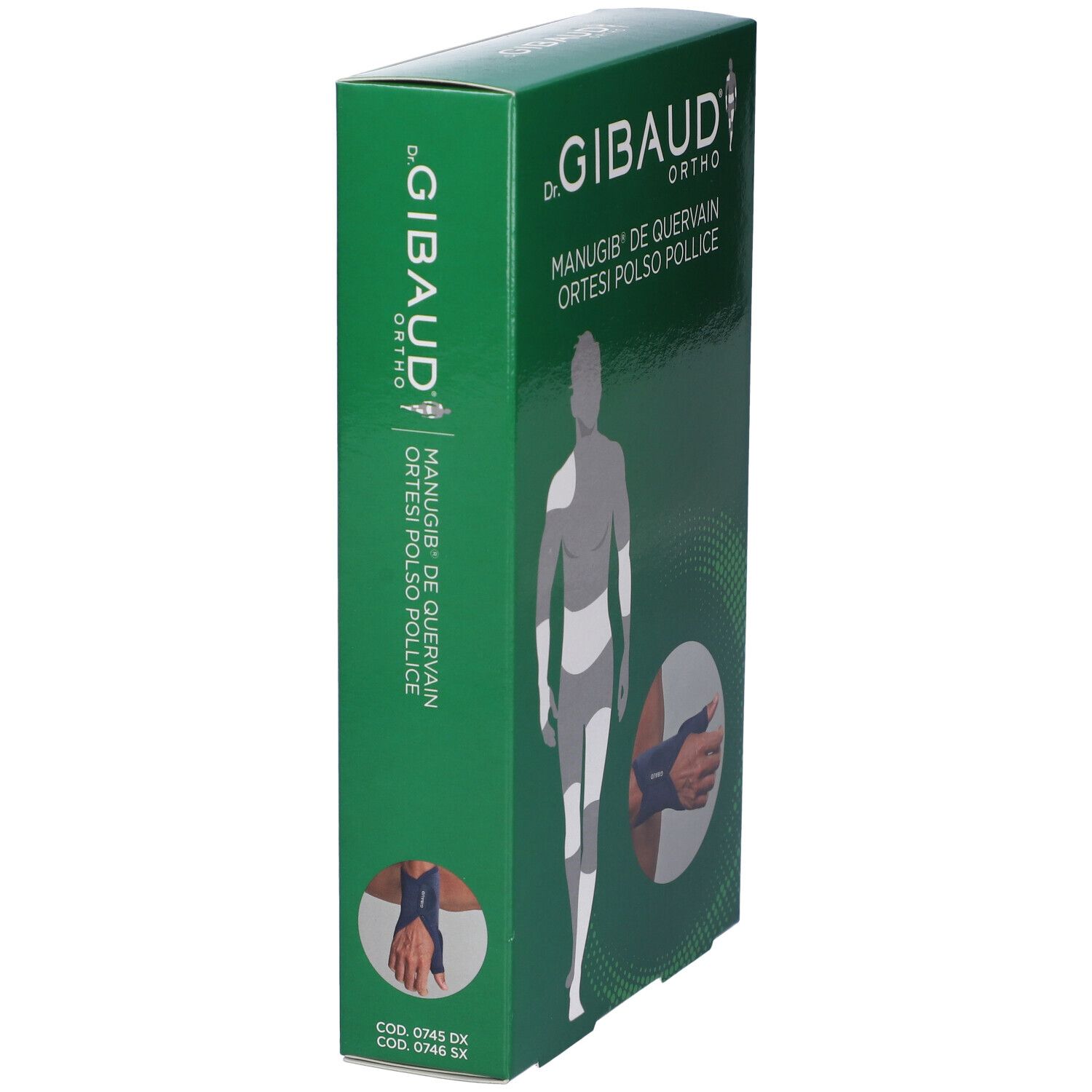 Vista laterale della confezione verde. Scritta: Dr. Gibaud Ortho, Manugib De Quervain Ortesi Polso Pollice. Codice prodotto. Illustrazione dell'ortesi.