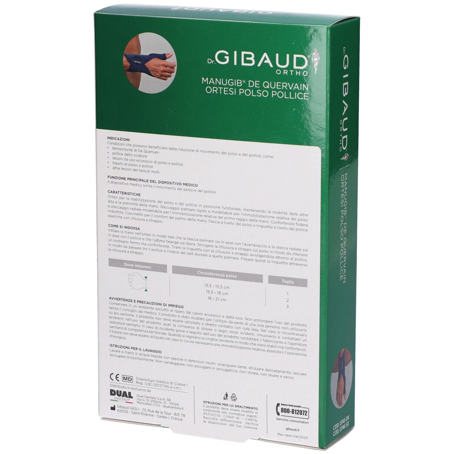 Retro della confezione verde. Informazioni testuali e illustrazioni. Scritta: Dr. Gibaud Ortho. Dispositivo medico. Indicazioni taglie.