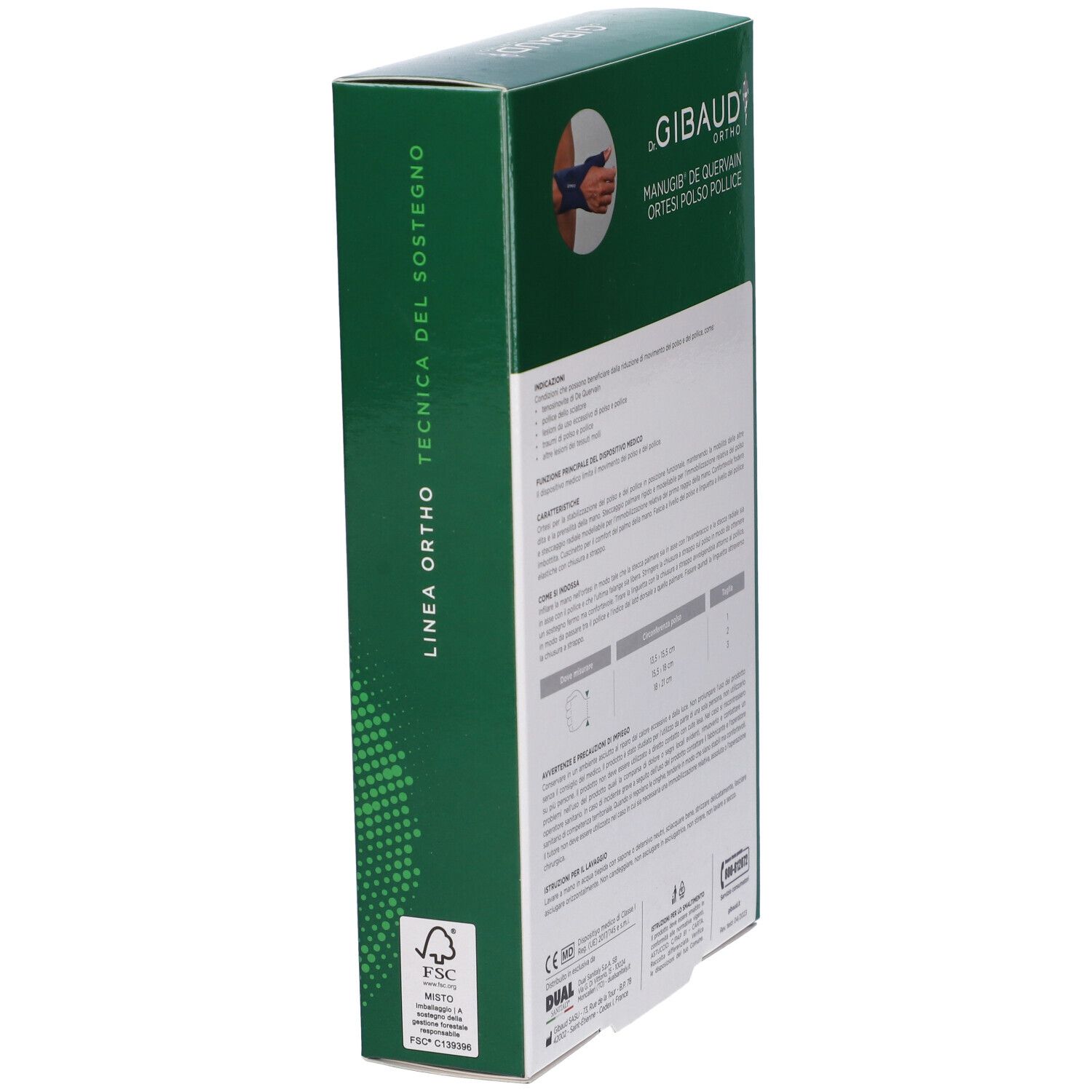 Vista laterale della confezione verde. Informazioni testuali. Scritta: Dr. Gibaud Ortho, Linea Ortho. Dispositivo medico. Logo FSC.