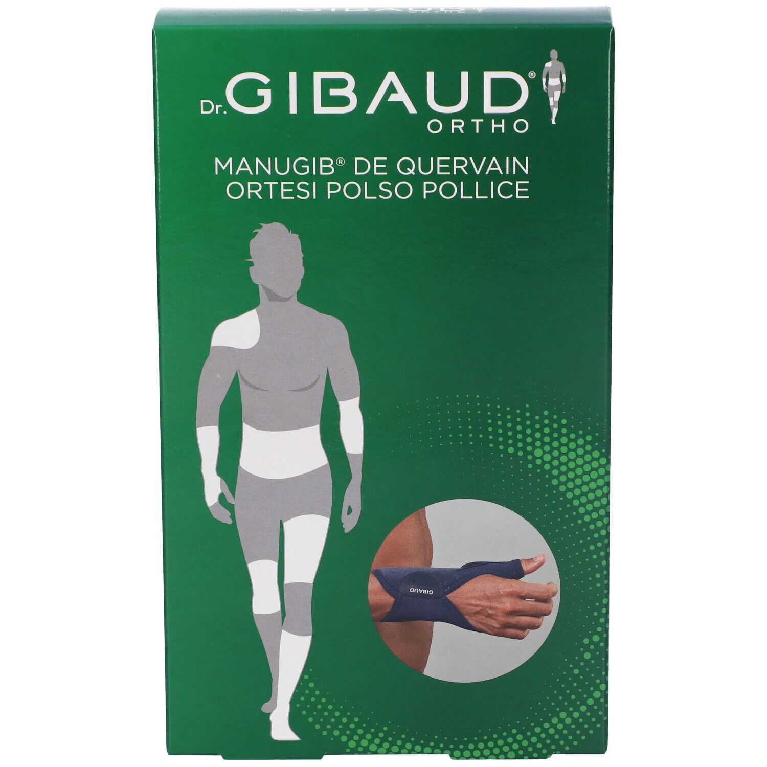 Confezione verde. Scritta: Dr. Gibaud Ortho, Manugib De Quervain Ortesi Polso Pollice. Illustrazione di un uomo con ortesi.
