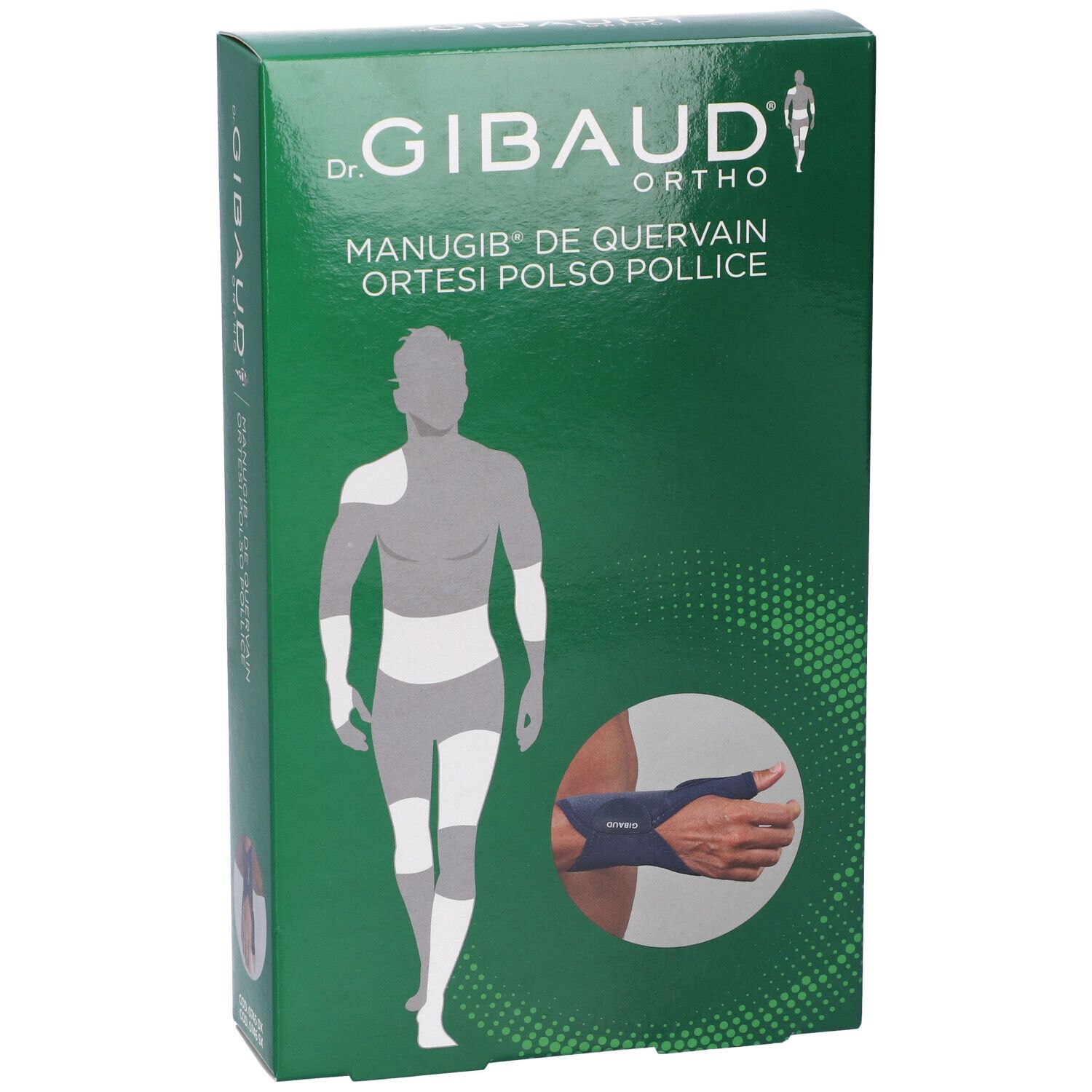 Confezione verde. Scritta: Dr. Gibaud Ortho, Manugib De Quervain Ortesi Polso Pollice. Illustrazione di un uomo con ortesi al polso.