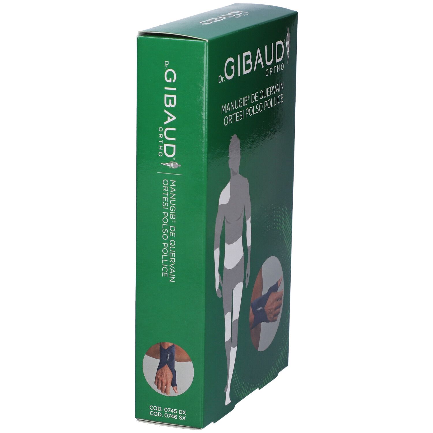 Scatola verde. Scritta: Dr. Gibaud Ortho, Manugib De Quervain Ortesi Polso Pollice. Immagine del prodotto e codici.