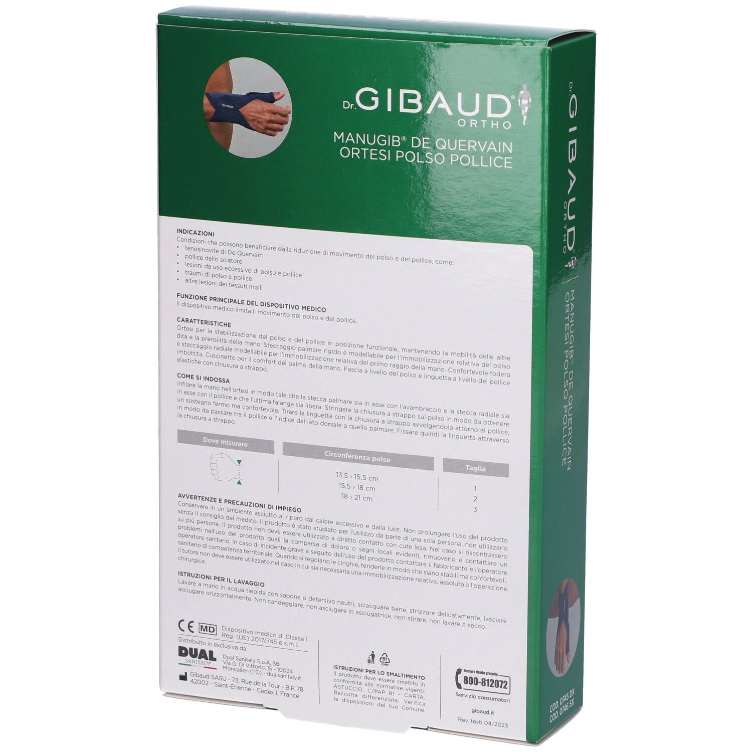 Scatola verde. Scritta: Dr. Gibaud Ortho, Manugib De Quervain Ortesi Polso Pollice. Testo su caratteristiche e cura.